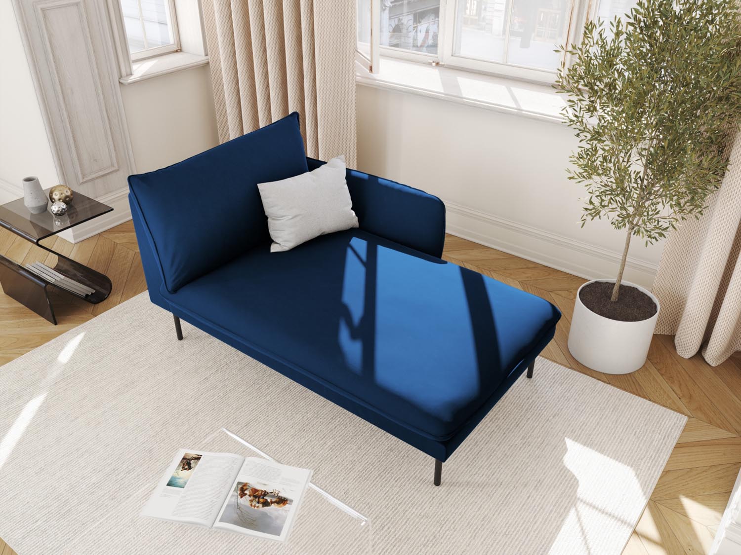 Elegantes Vienna Velour Sofa Chaise Lounge in Royal Blue mit schwarzem Bezug, ideal für stilvolle Wohnräume. Perfekt für entspannte Momente.