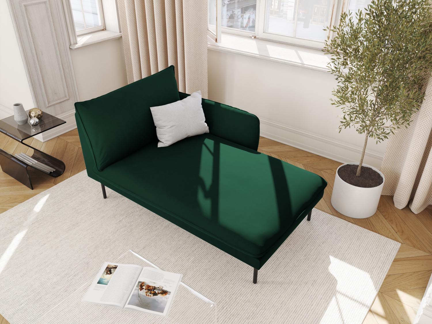 Elegantes Vienna Velour Sofa Chaise Lounge in Flaschengrün mit schwarzem Bluvel, ideal für stilvolle Wohnräume.