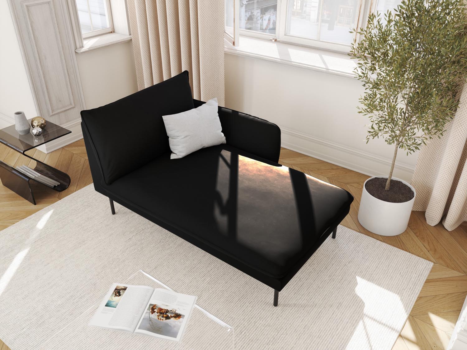 Elegantes Vienna Velour Sofa Chaise Lounge in Schwarz, ideal für stilvolle Wohnräume. Komfortable 1-Sitz-Lösung mit modernem Design.