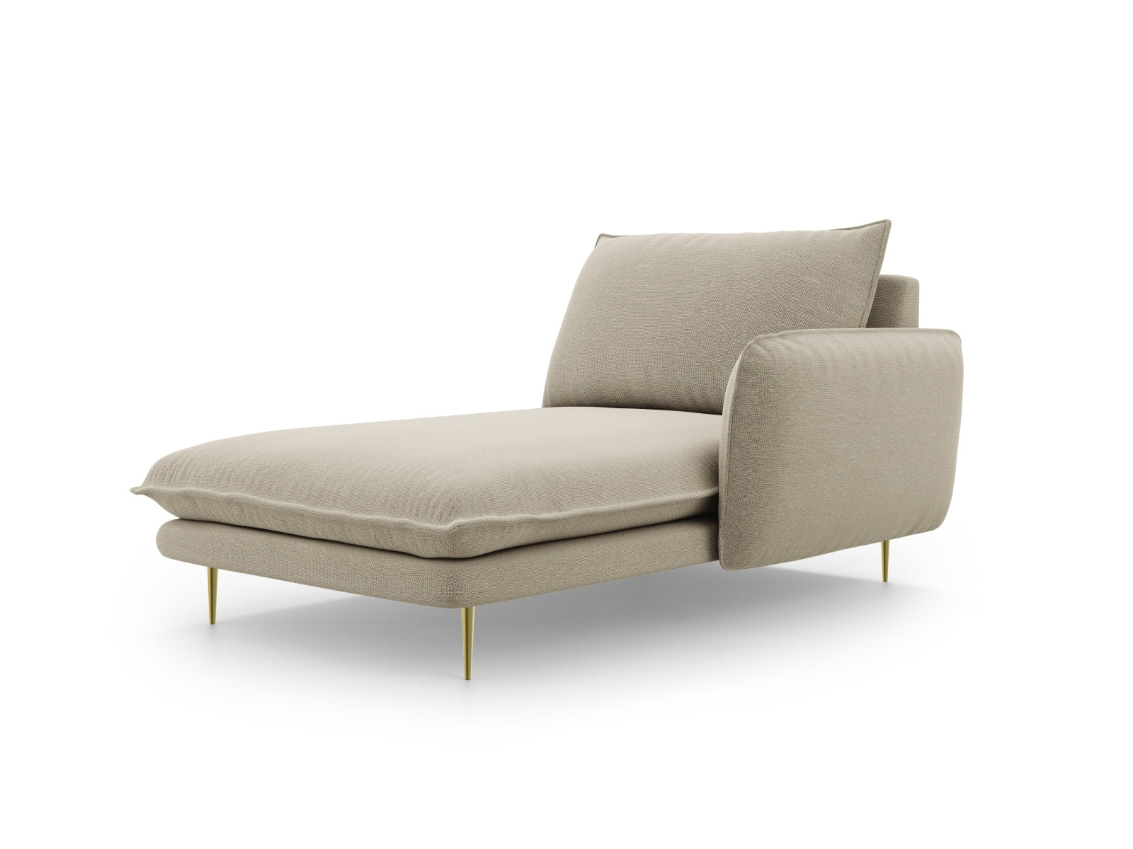 Rechtsseitige Chaise Lounge des Vienna Sofas in edlem Beige mit goldenen Akzenten, perfekt für moderne und elegante Wohnkonzepte.