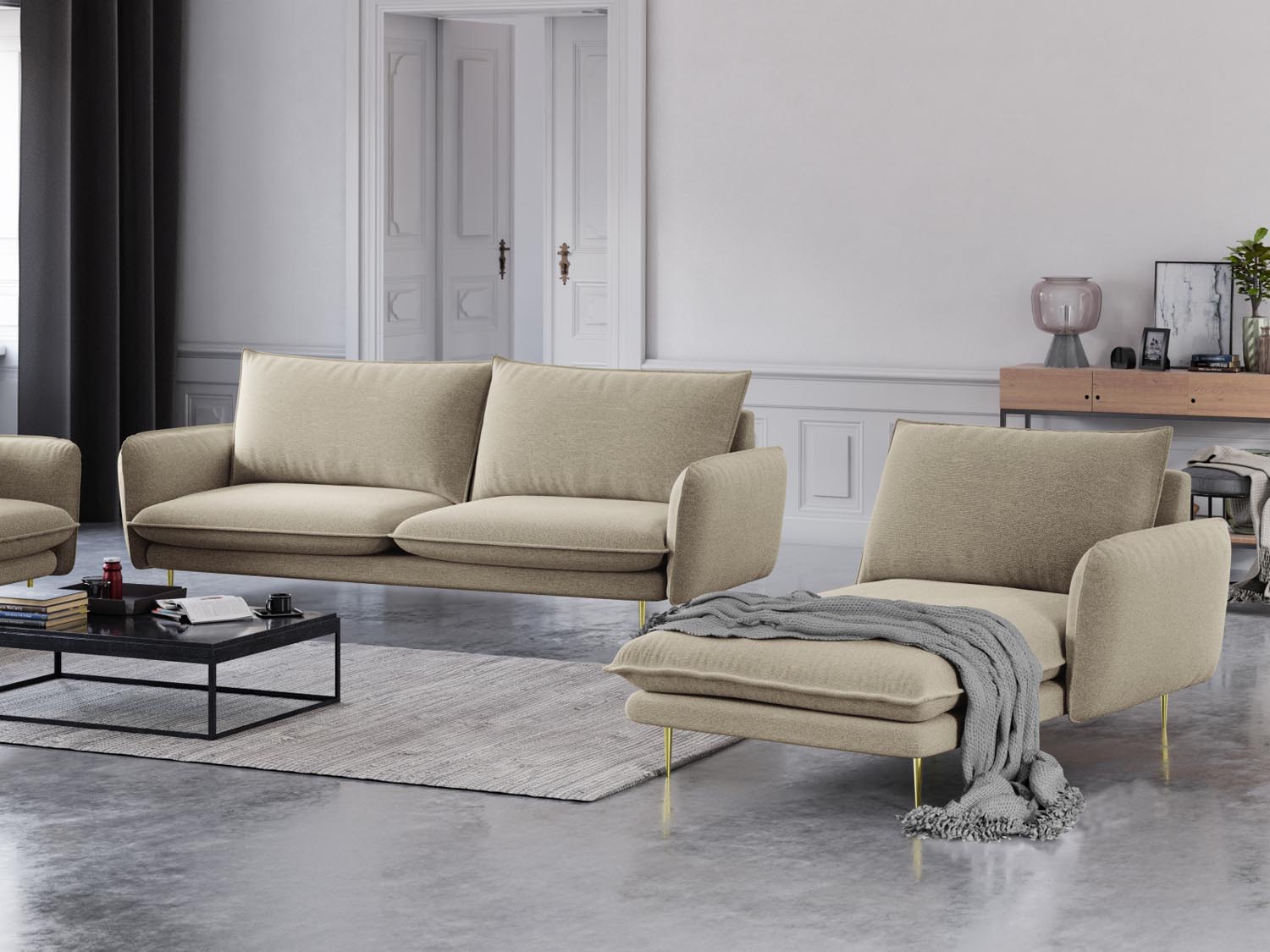 Entdecken Sie das elegante Vienna Sofa Chaise Lounge rechts mit 110 cm Sitzfläche von Cosmopolitan Design – ideal für stilvolle Wohnräume.