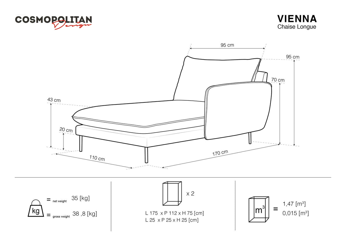 Vienna Sofa Chaise Lounge rechts 1 Sitz 110cm in Light Beige/Schwarz-Positano präsentiert im Onlineshop von KAQTU Design AG. L-Sofa rechts ist von Cosmopolitan Design