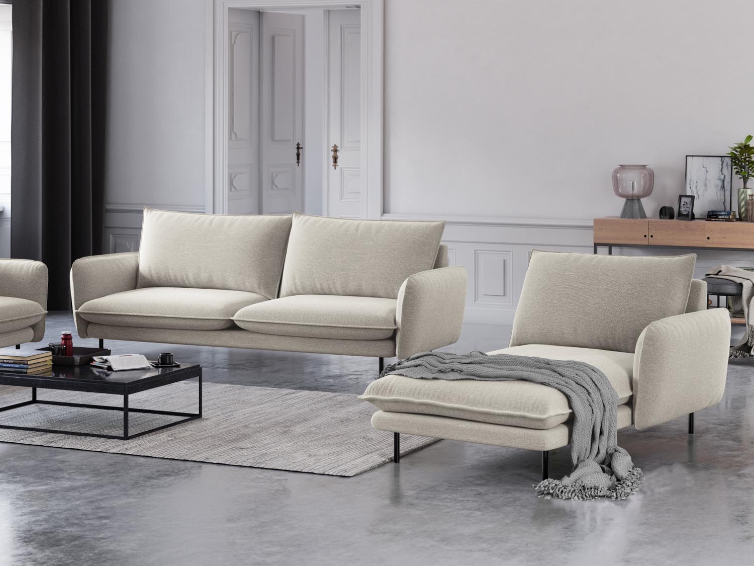 Entdecken Sie das elegante Vienna Sofa Chaise Lounge rechts mit 110 cm Sitzfläche von Cosmopolitan Design – ideal für stilvolle Wohnräume.