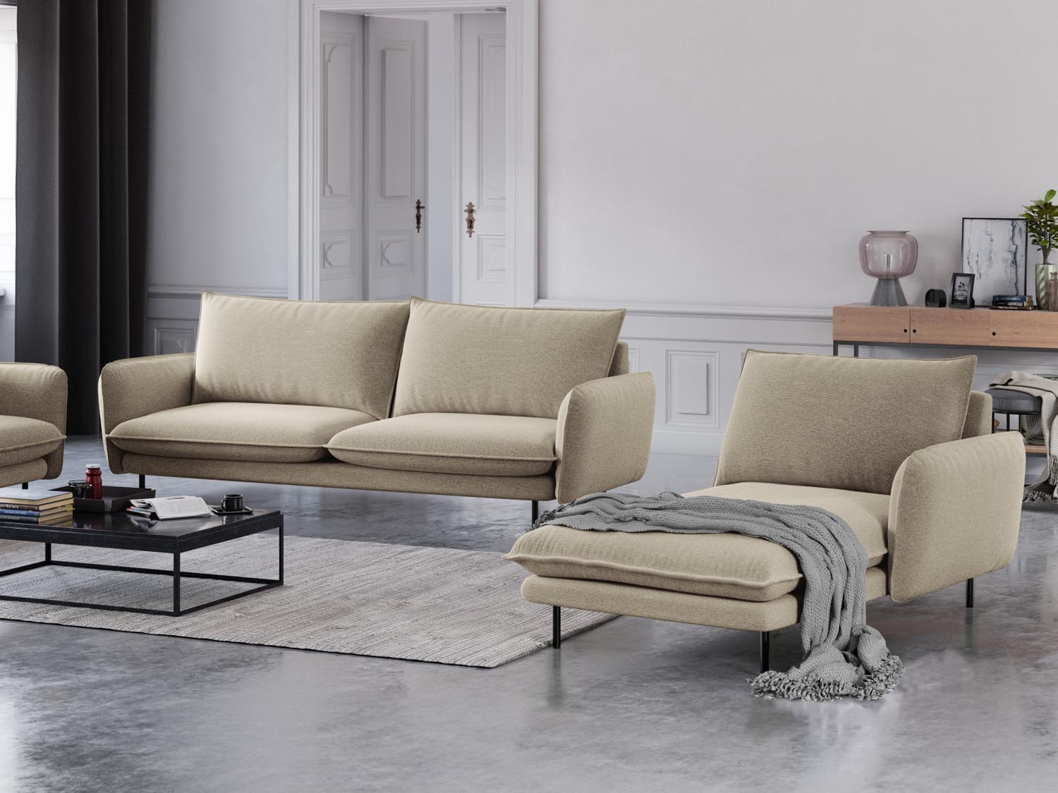 Elegantes Vienna Sofa Chaise Lounge in Beige und Schwarz, ideal für stilvolle Wohnräume. Komfortable 1-Sitz-Lösung mit modernem Design.