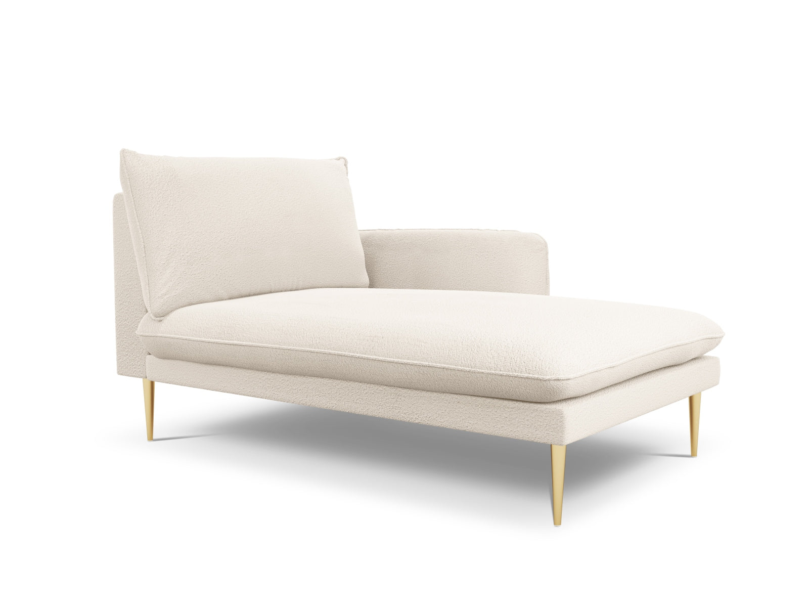 Beige Vienna Boucle Sofa Chaise Lounge mit goldenen Details, perfekt für moderne Wohnräume. Rechtsseitige Sitzfläche für zusätzlichen Komfort.