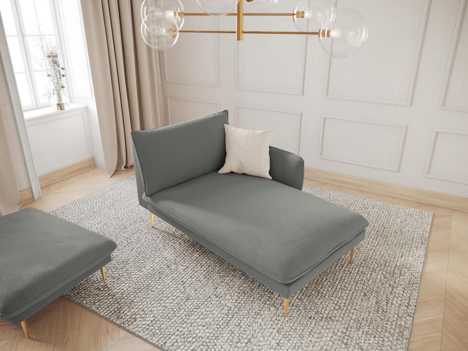 Elegantes Vienna Boucle Sofa Chaise Lounge in Grau mit goldenen Akzenten, ideal für stilvolle Wohnräume. Rechtsseitige Sitzgelegenheit.