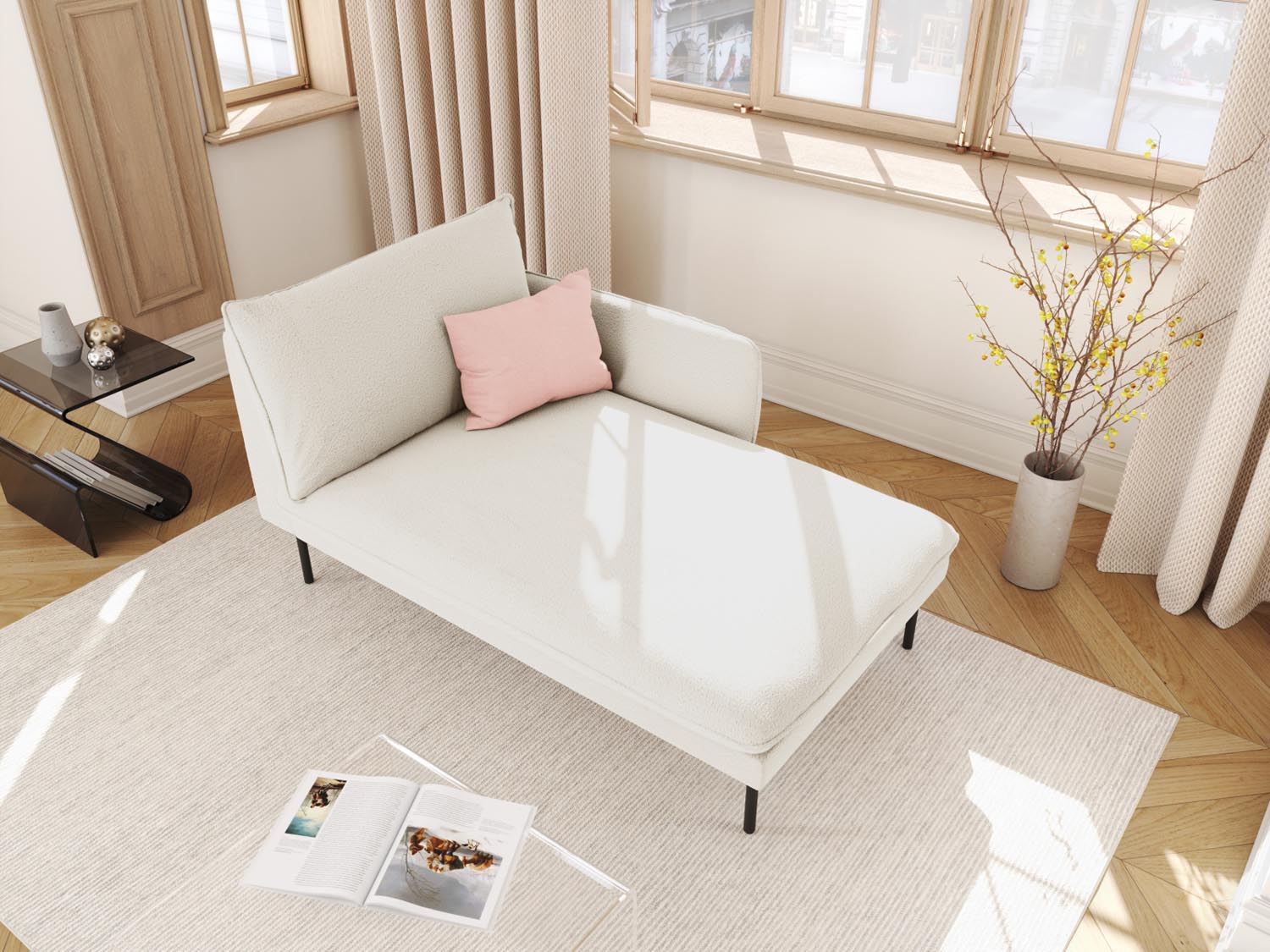 Elegantes Vienna Boucle Sofa Chaise Lounge rechts mit 1 Sitz und 110 cm in stilvollem Beige und Schwarz, ideal für moderne Wohnräume.