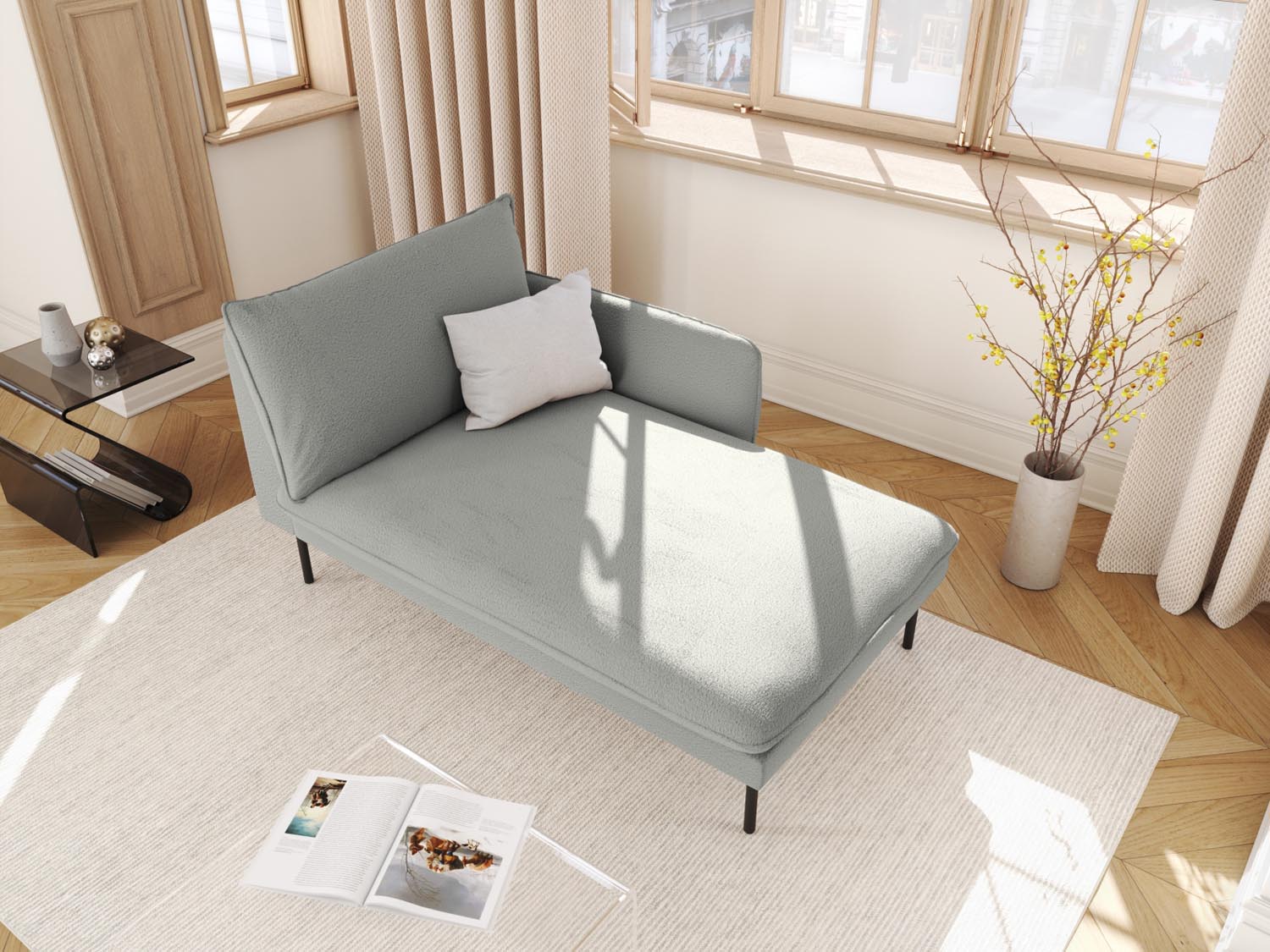Elegantes Vienna Boucle Sofa Chaise Lounge in Grau/Schwarz, ideal für stilvolle Wohnräume. Komfortable 1-Sitz-Option mit modernem Design.