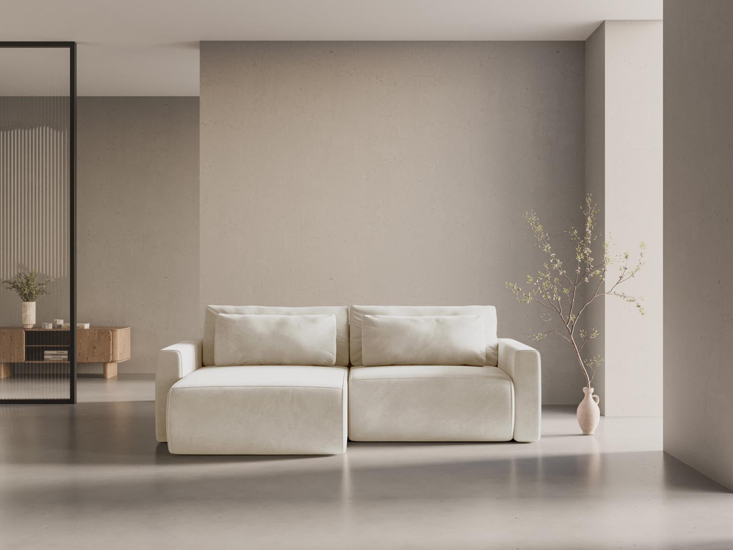 Elegantes Belfast Ecksofa in Ivory-Magic Velvet, 3-Sitzer mit Schlaffunktion und Stauraum, ideal für stilvolle Wohnräume.