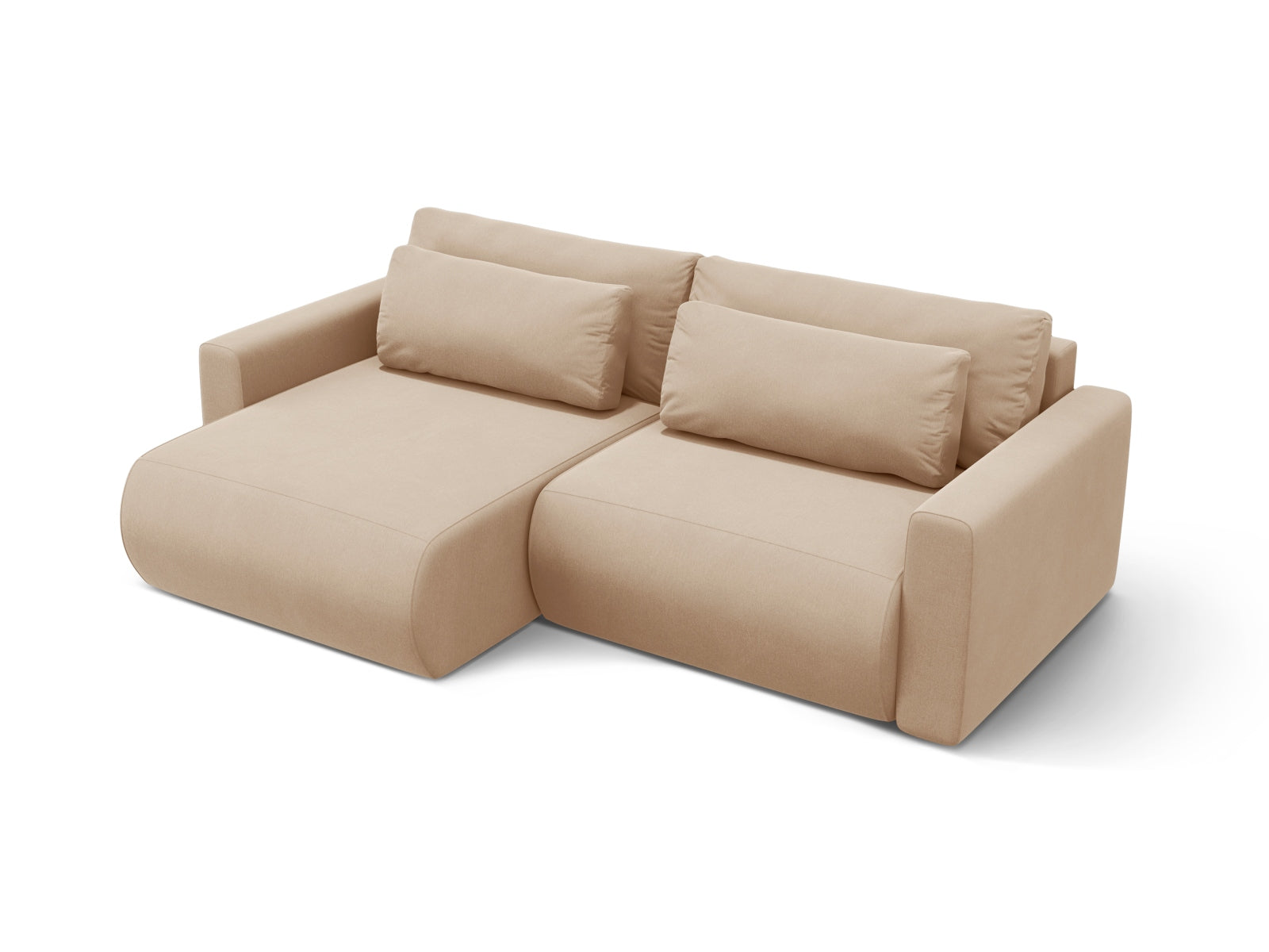 Modernes Belfast Ecksofa in elegantem Almond Beige, ausgestattet mit Schlaffunktion und Stauraum, ideal für stilvolle Wohnräume.