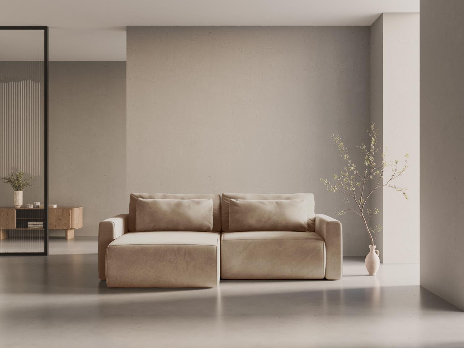 Gemütliches Belfast Ecksofa in Almond Beige-Magic Velvet, ideal für entspannte Abende und als Schlafgelegenheit, präsentiert von Cosmopolitan Design.