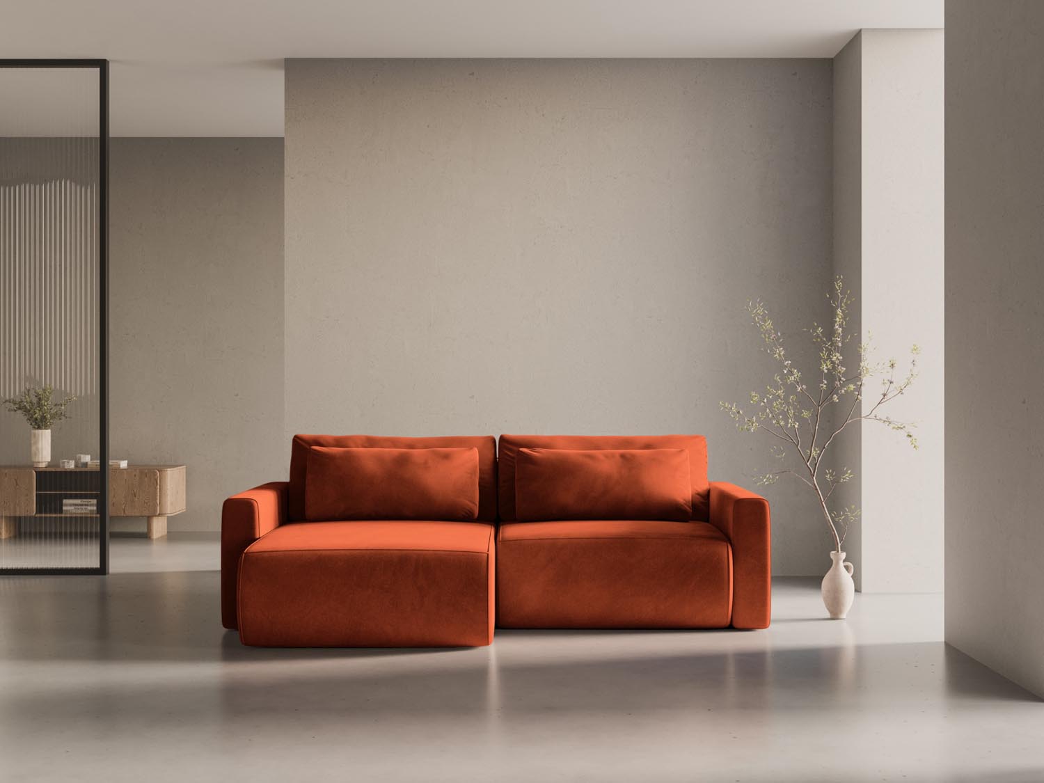 Elegantes Belfast Ecksofa in Auburn-Magic Velvet, 3-Sitzer mit Schlaffunktion und Stauraum, ideal für stilvolle Wohnräume.