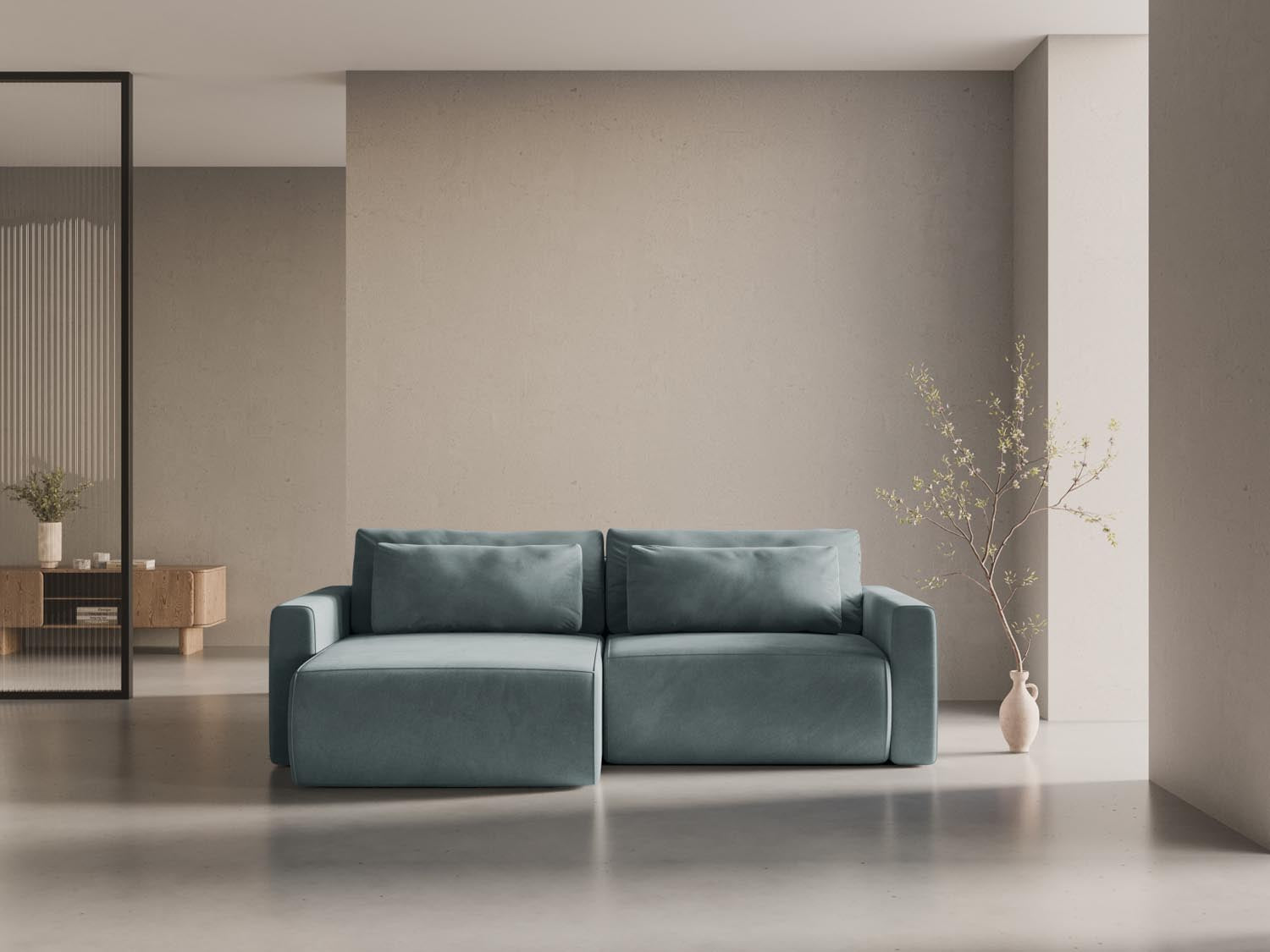 Elegantes Belfast Ecksofa in Blue Grey-Magic Velvet, 3-Sitzer mit Schlaffunktion und Stauraum, ideal für stilvolle Wohnräume.