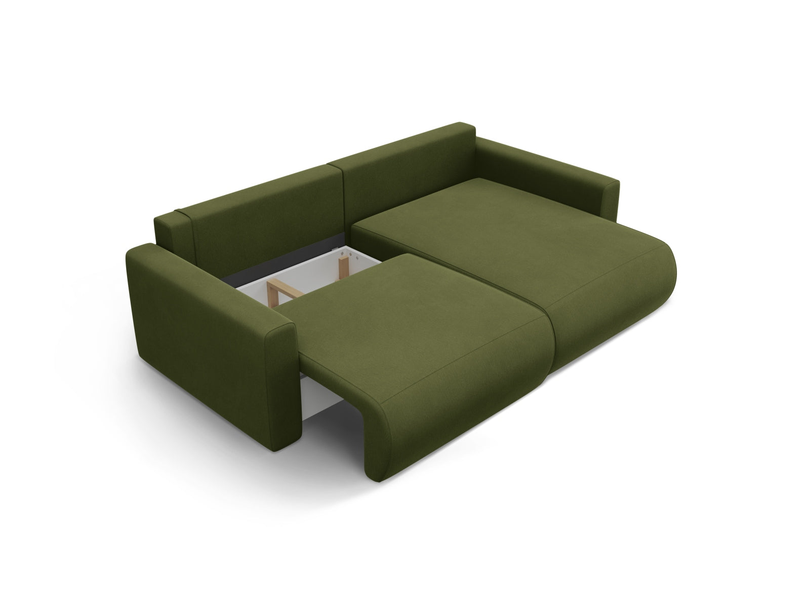 Elegantes L-Sofa in Army Green, 3-Sitzer mit praktischer Schlaffunktion und integriertem Stauraum für vielseitige Wohnlösungen.