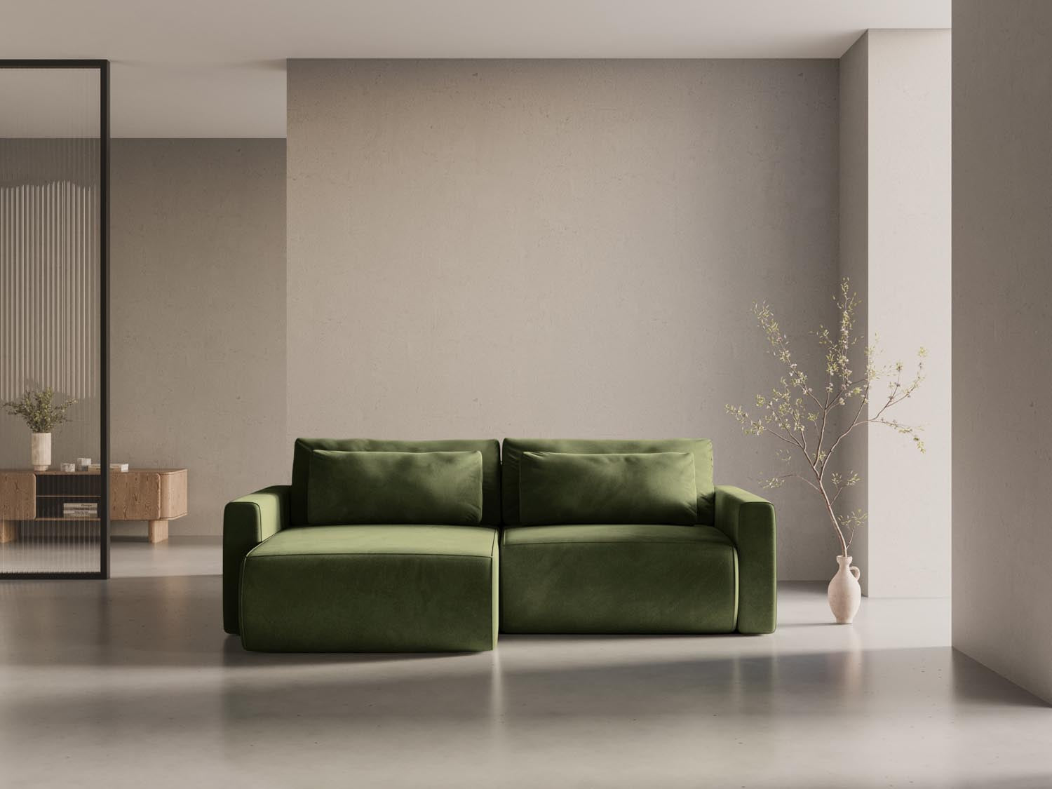 Stylisches Belfast Ecksofa in Army Green-Magic Velvet, 3-Sitzer mit Schlaffunktion und Stauraum, ideal für moderne Wohnräume.