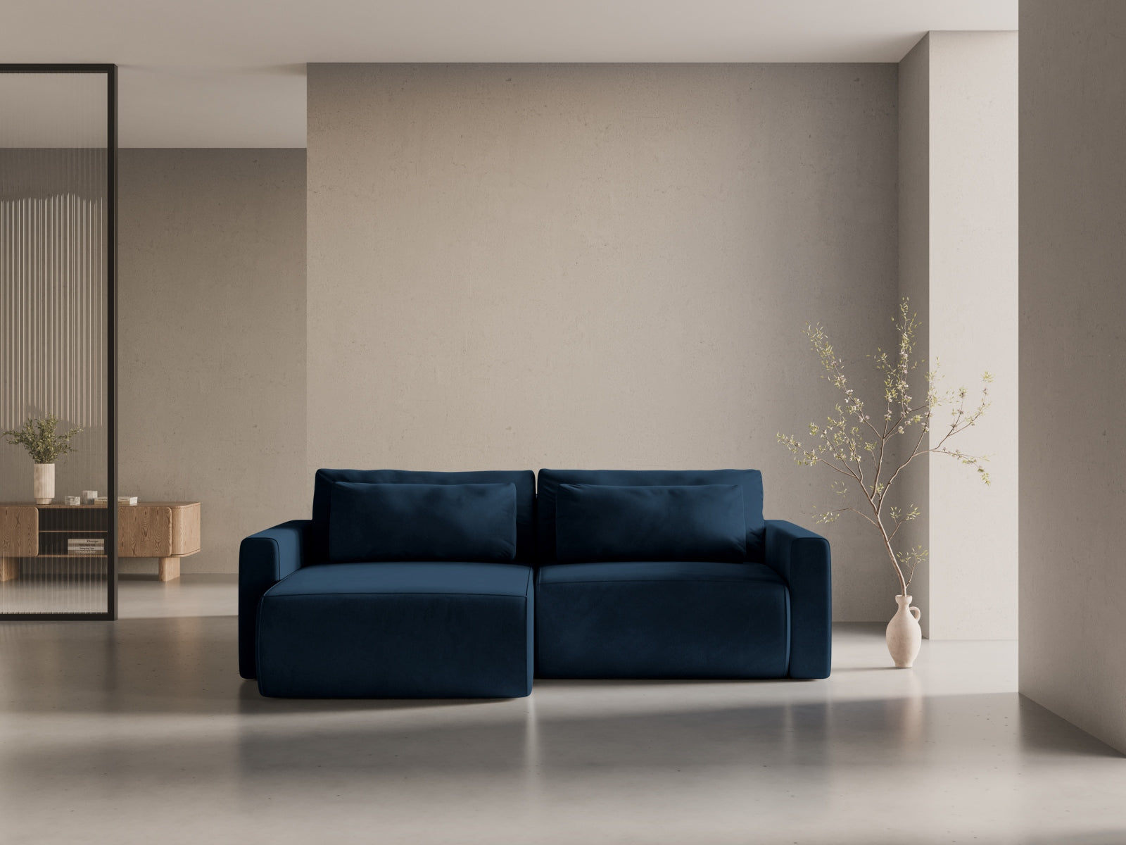 Elegantes Belfast Ecksofa in Royal Blue-Magic Velvet, 3-Sitzer mit Schlaffunktion und Stauraum, ideal für stilvolle Wohnräume.