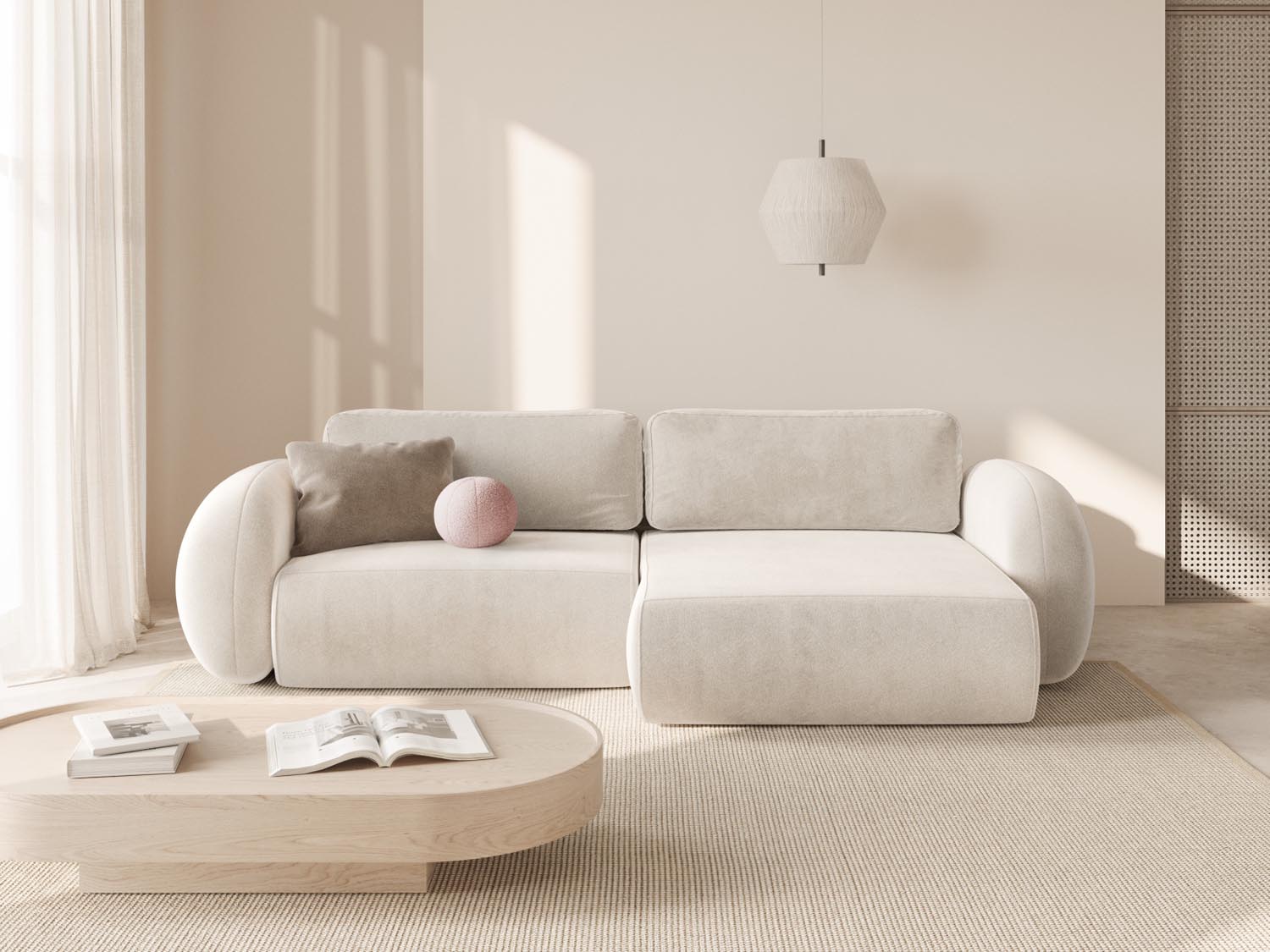 Elegantes Tonale Ecksofa in Ivory-Magic Velvet, 4-Sitzer mit Schlaffunktion und Stauraum, stilvoll präsentiert im modernen Wohnambiente.