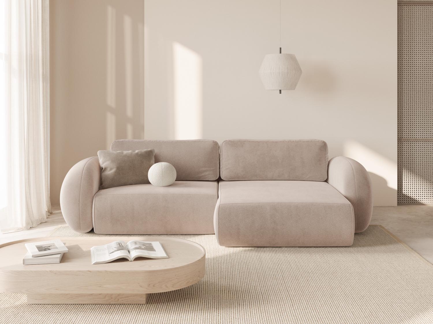 Elegantes Tonale Ecksofa in Almond Beige mit Schlaffunktion und Stauraum, ideal für stilvolle Wohnräume. L-Sofa links von Cosmopolitan Design.