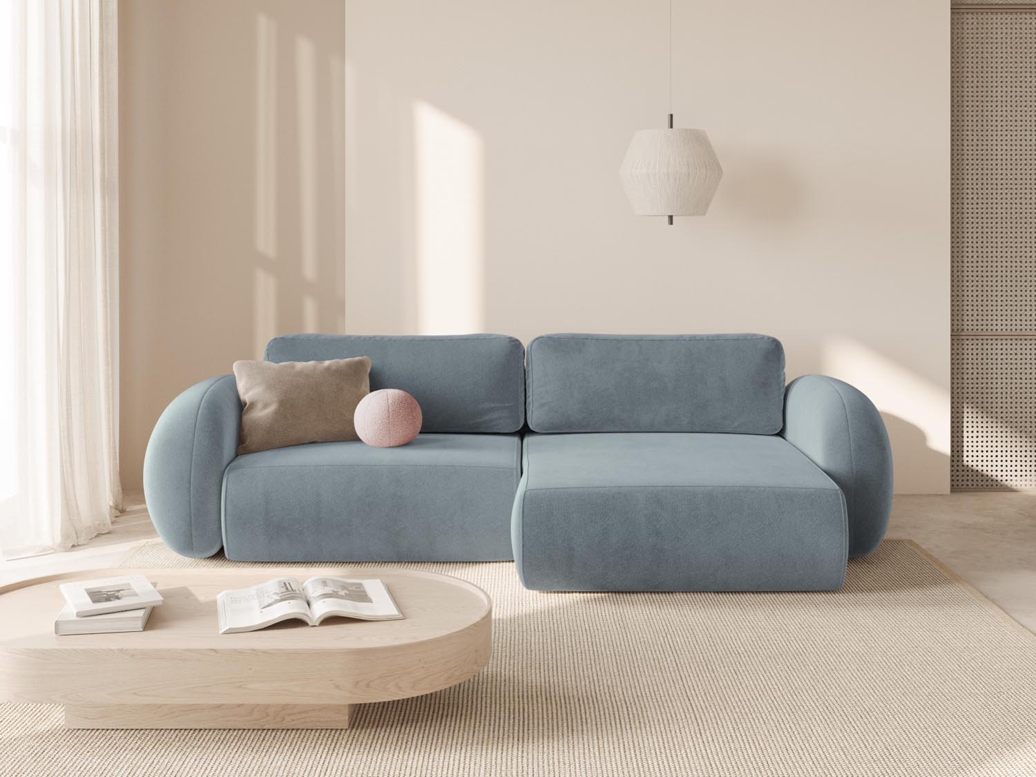 Elegantes Tonale Ecksofa in Blue Grey-Magic Velvet, 4-Sitzer mit Schlaffunktion und Stauraum, ideal für stilvolle Wohnräume.