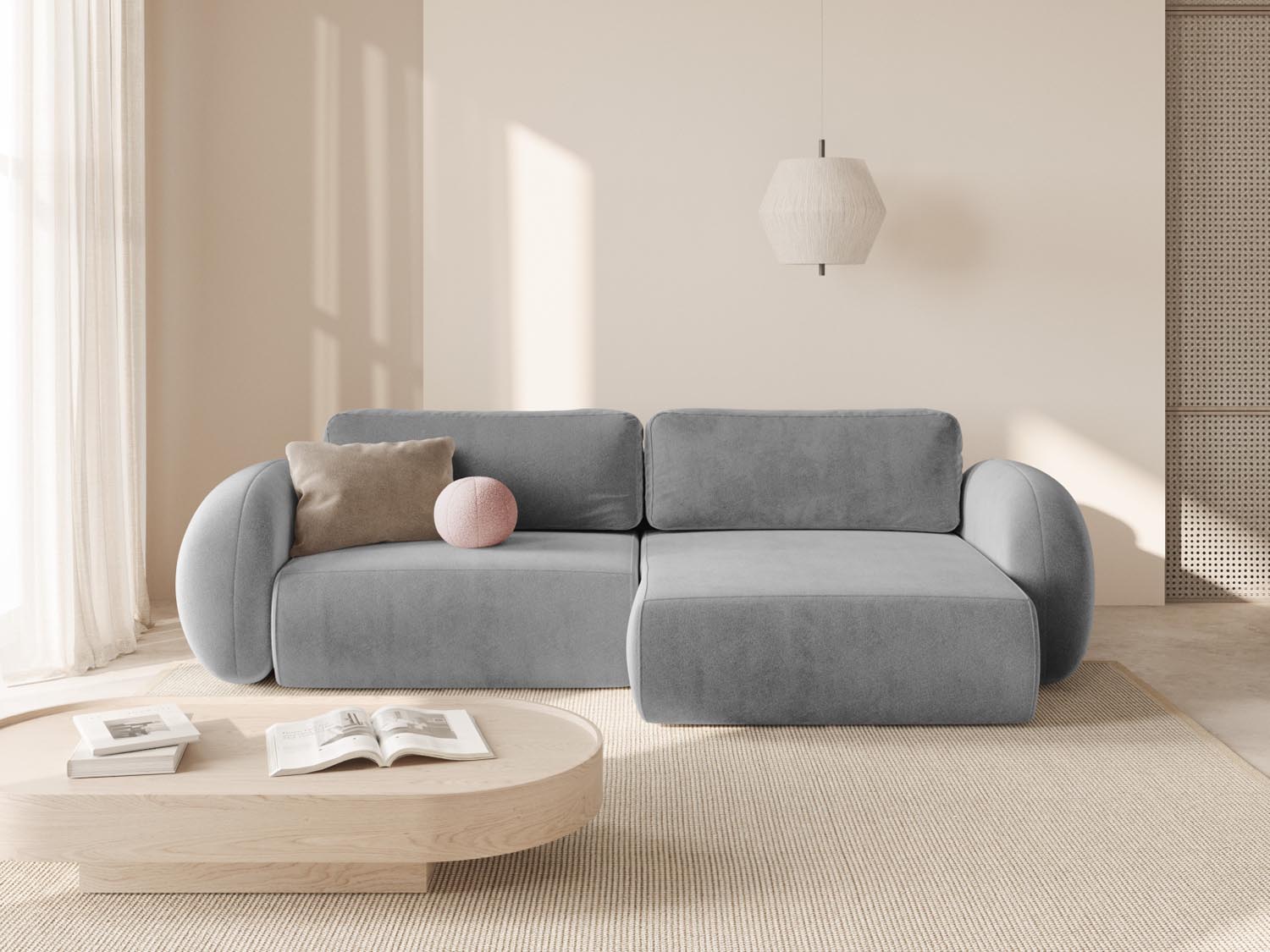 Elegantes Tonale Ecksofa in Grey-Magic Velvet, 4-Sitzer mit Schlaffunktion und Stauraum, ideal für stilvolle Wohnräume.