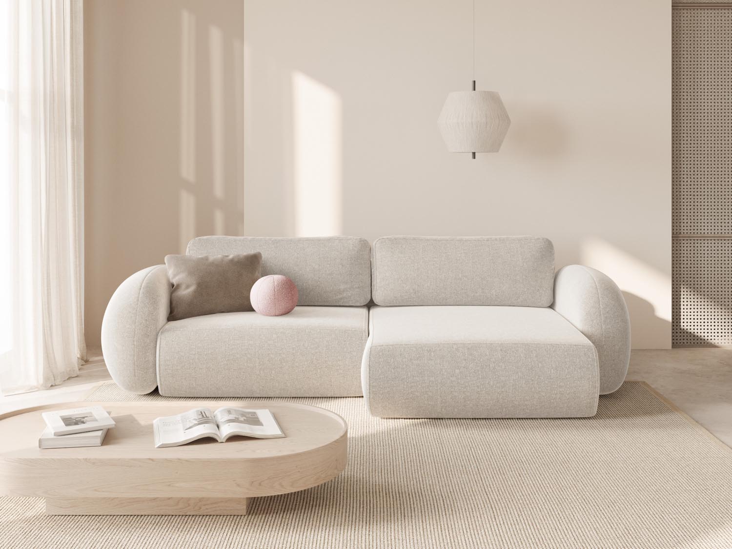 Elegantes Tonale Ecksofa in Light Beige mit Schlaffunktion und Stauraum, ideal für stilvolle Wohnräume. Linksseitiges L-Sofa von Cosmopolitan Design.