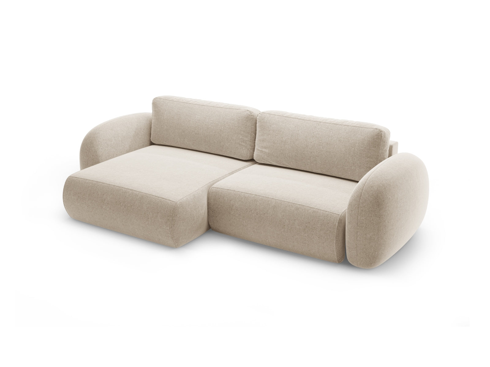 Modernes Tonale Ecksofa in sanftem Beige, 4-Sitzer mit praktischer Schlaffunktion und integriertem Stauraum, perfekt für gemütliche Abende.
