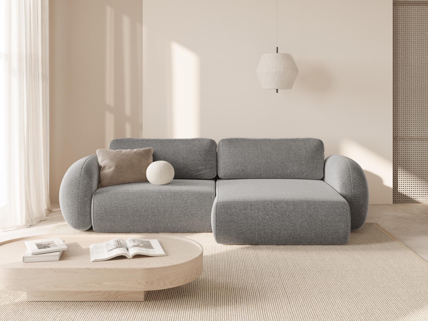 Elegantes Tonale Ecksofa in Hellgrau mit Schlaffunktion und Stauraum, ideal für moderne Wohnräume, präsentiert von Cosmopolitan Design.