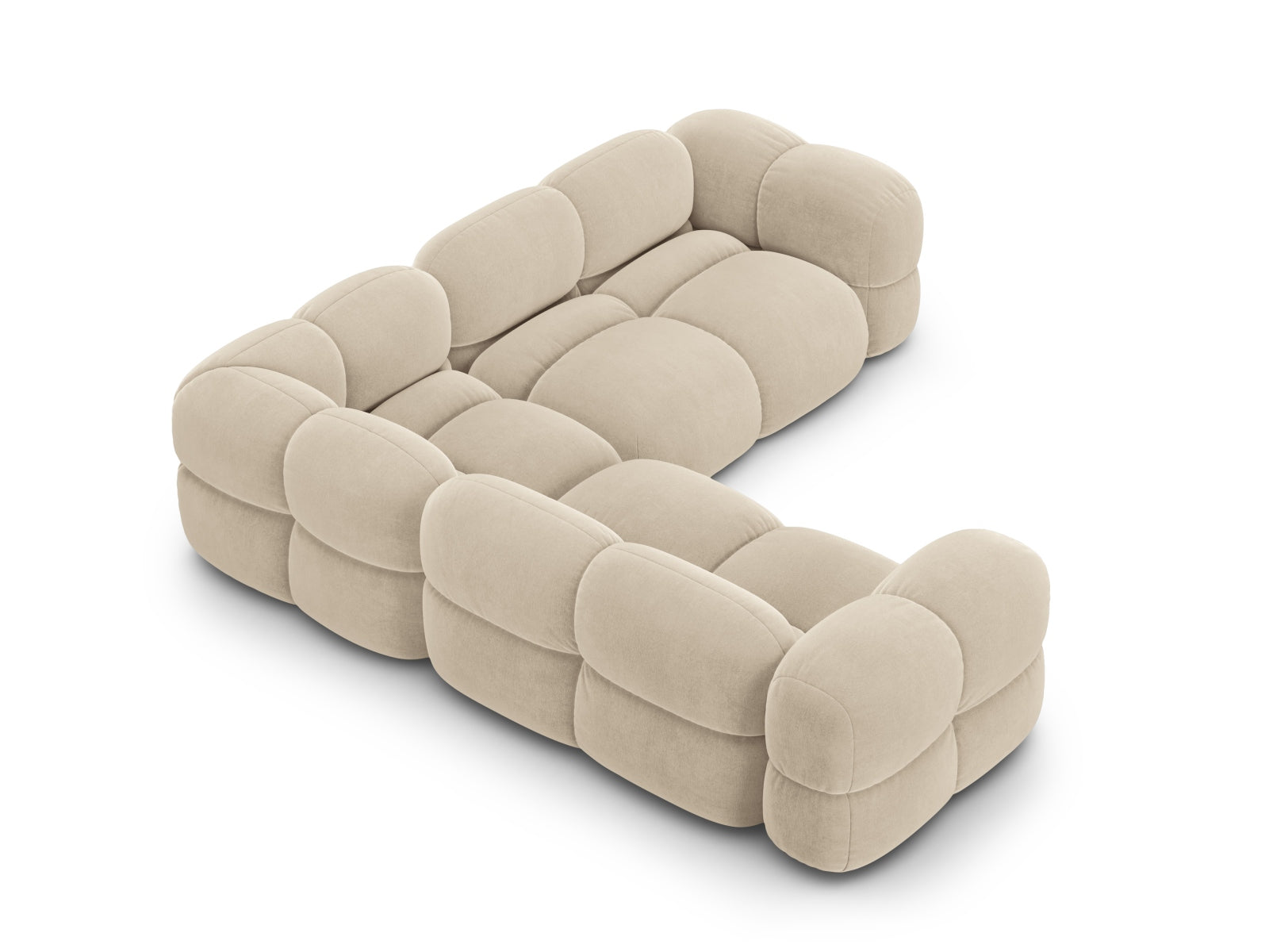 Stylisches Loretto Velour Ecksofa in neutralem Beige, perfekt für gemütliche Stunden und stilvolle Einrichtung in jedem Wohnzimmer.
