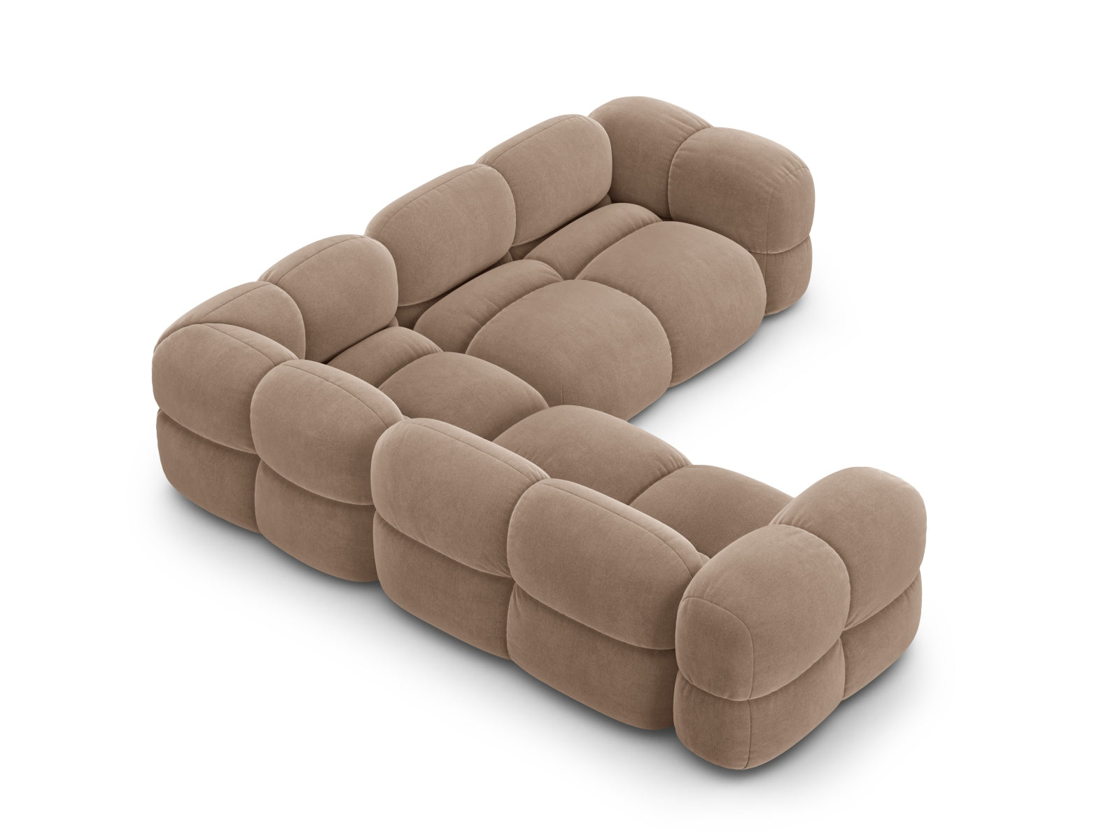 Stylisches Loretto Velour Ecksofa in edlem Dunkelbeige, perfekt für moderne Wohnzimmer und entspannte Stunden mit Freunden.