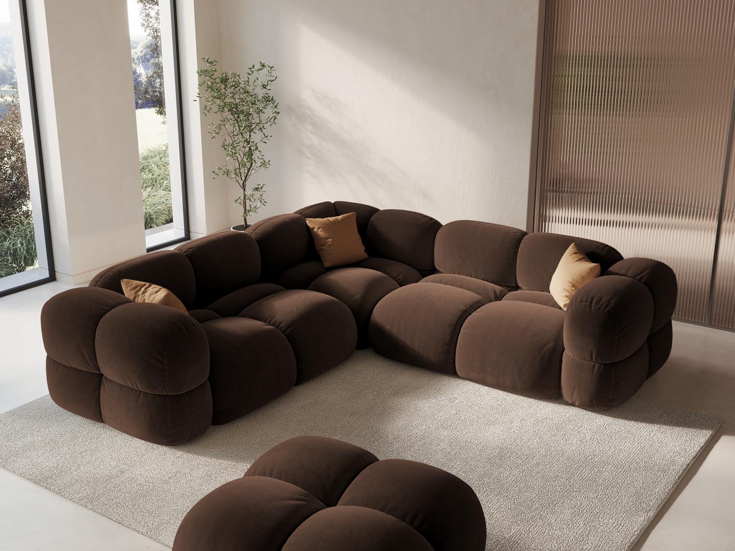 Elegantes Loretto Velour Ecksofa in Schokoladenfarbe, ideal für stilvolle Wohnräume, 4-Sitzer mit symmetrischem Design.