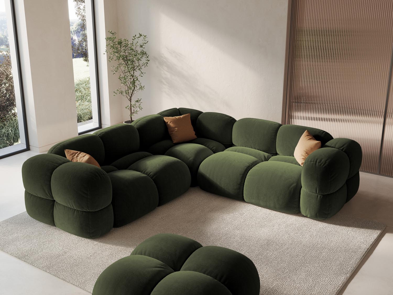 Elegantes Loretto Velour Ecksofa in Grün, 4-Sitzer, 250 cm, ideal für stilvolle Wohnräume, präsentiert von Cosmopolitan Design.