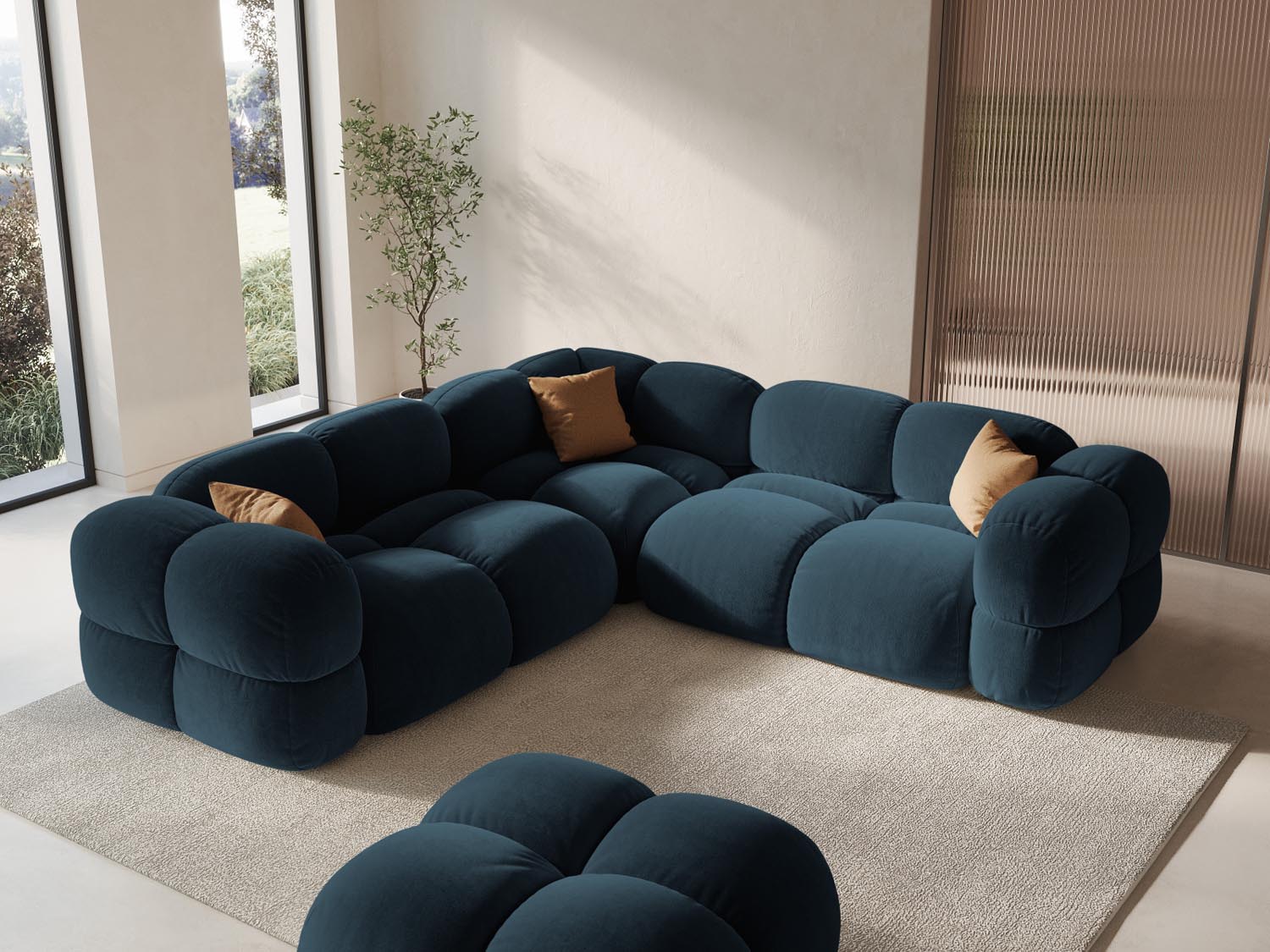 Elegantes Loretto Velour Ecksofa in tiefem Petrol, ideal für stilvolle Wohnräume, präsentiert in einer modernen Umgebung.