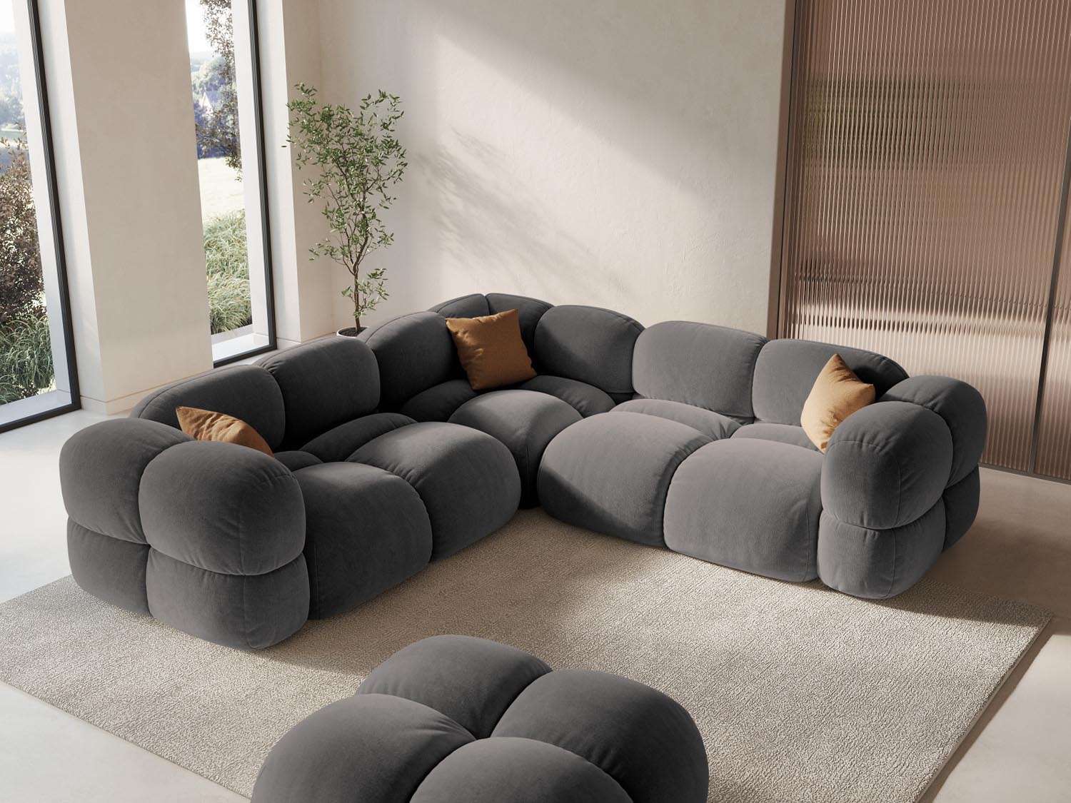 Elegantes Loretto Velour Ecksofa in Grau, 4-Sitzer, 250 cm, ideal für stilvolle Wohnräume, präsentiert von Cosmopolitan Design.