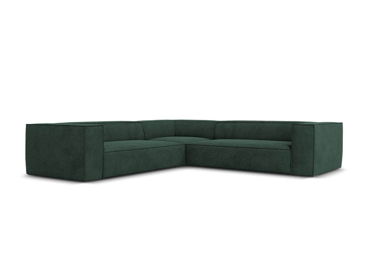 Symmetrisches Ecksofa Turin in Light Beige-Rosario mit Chenille-Bezug, Massivholzrahmen und Beinen aus schwarzem Buchenholz, 280 cm breit.