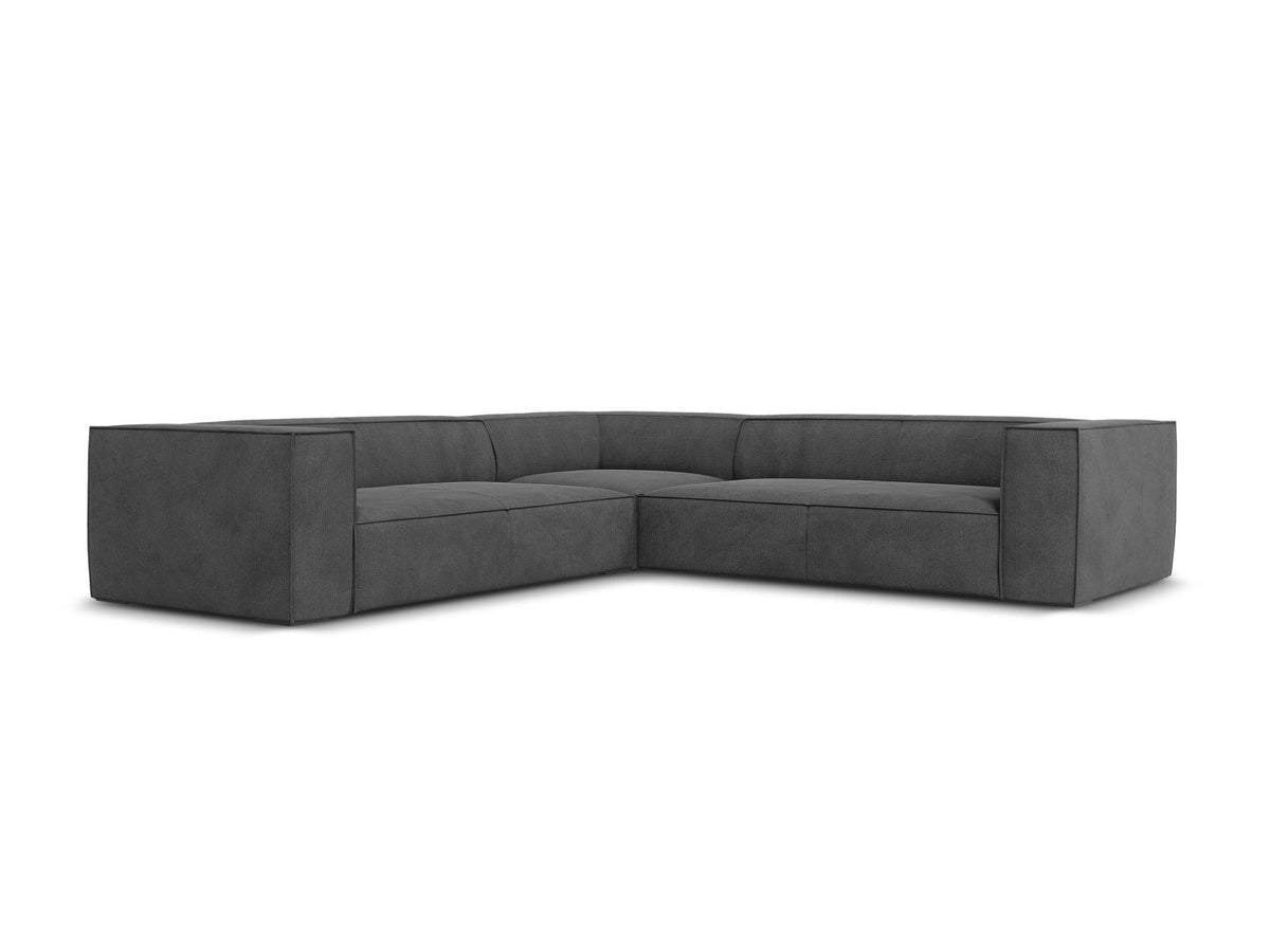 Symmetrisches Ecksofa Turin in Light Beige-Rosario mit Chenille-Bezug, Massivholzrahmen und Beinen aus schwarzem Buchenholz, 280 cm breit.