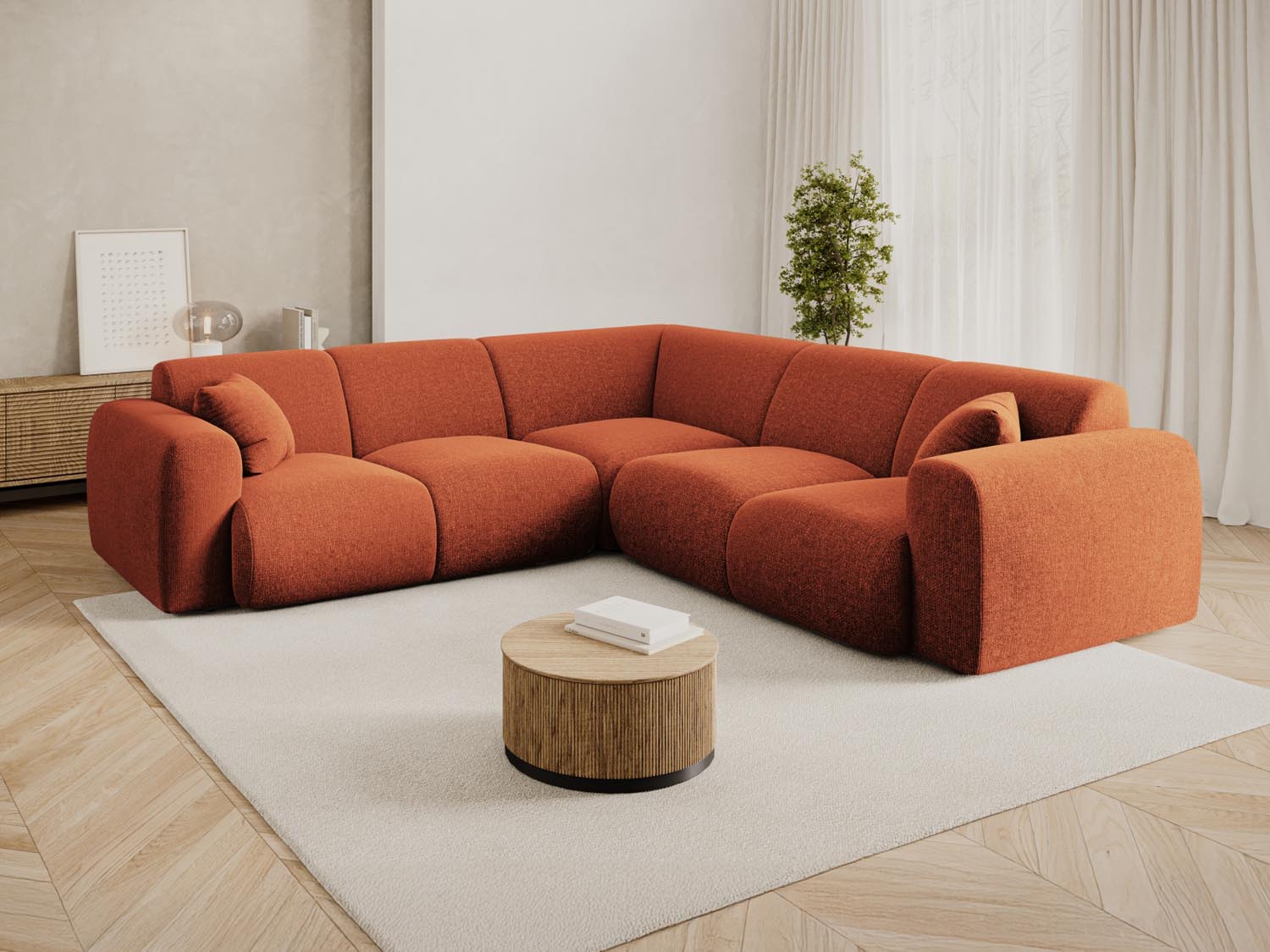 Elegantes Nolio Symmetrical Ecksofa in Terracotta, 5-Sitzer, 252 cm, ideal für stilvolle Wohnräume, präsentiert von Cosmopolitan Design.