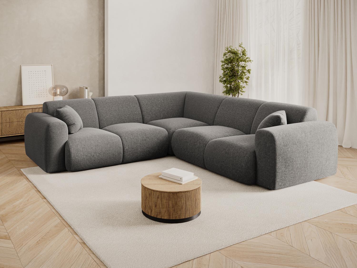 Elegantes Nolio Symmetrical Ecksofa in Grau, 5-Sitzer, 252 cm, ideal für stilvolle Wohnräume, präsentiert von Cosmopolitan Design.
