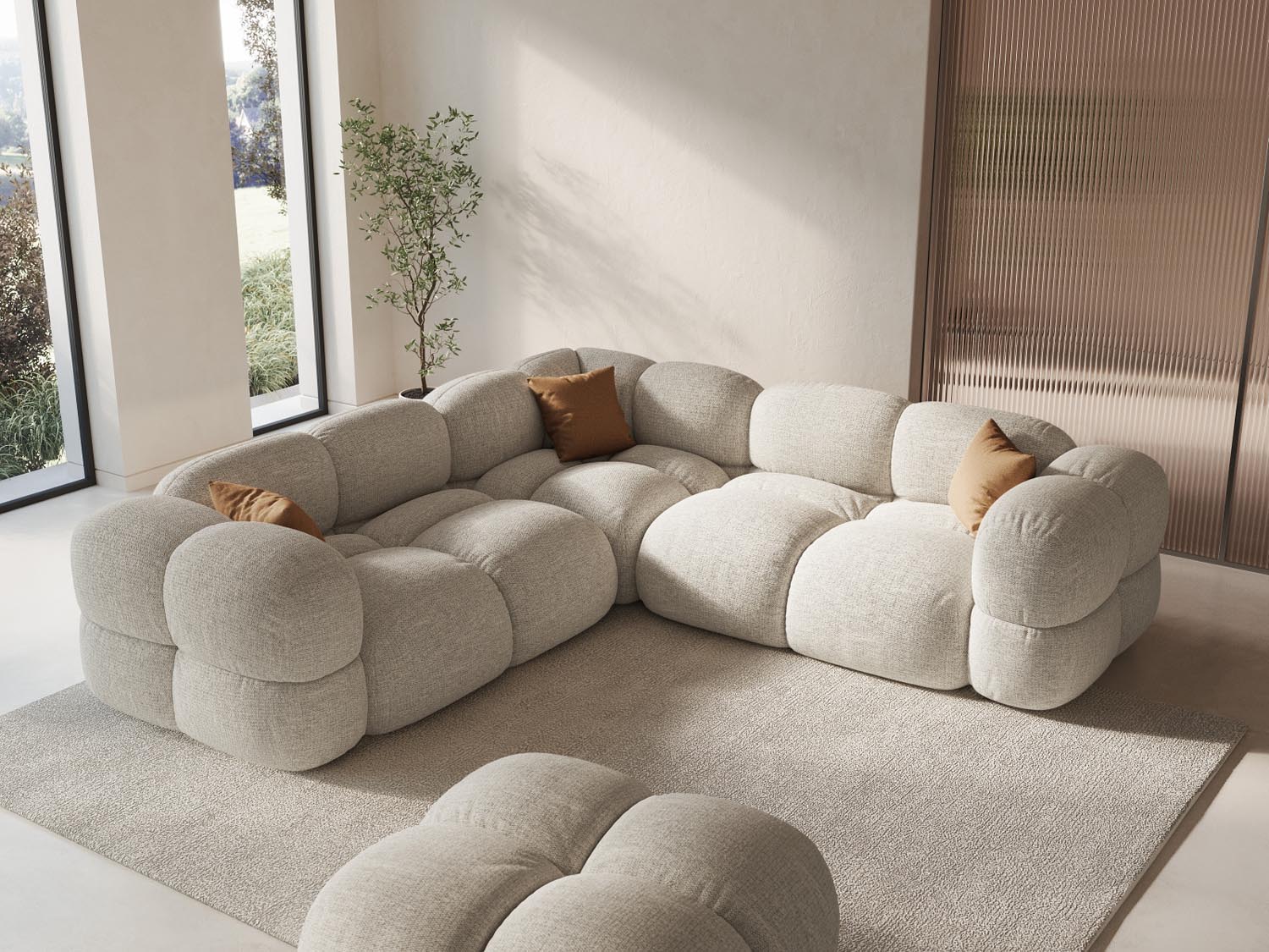 Beige Loretto Symmetrical Ecksofa 4 Sitzer 250cm von Cosmopolitan Design, stilvoll und modern, ideal für jedes Wohnzimmer.