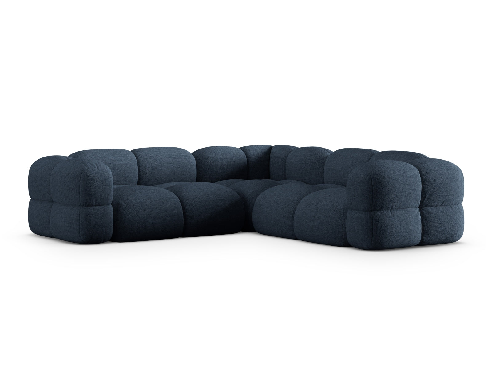 Elegantes Loretto Ecksofa in tiefblau, 4-Sitzer mit symmetrischer Form, ideal für stilvolle Wohnräume von Cosmopolitan Design.