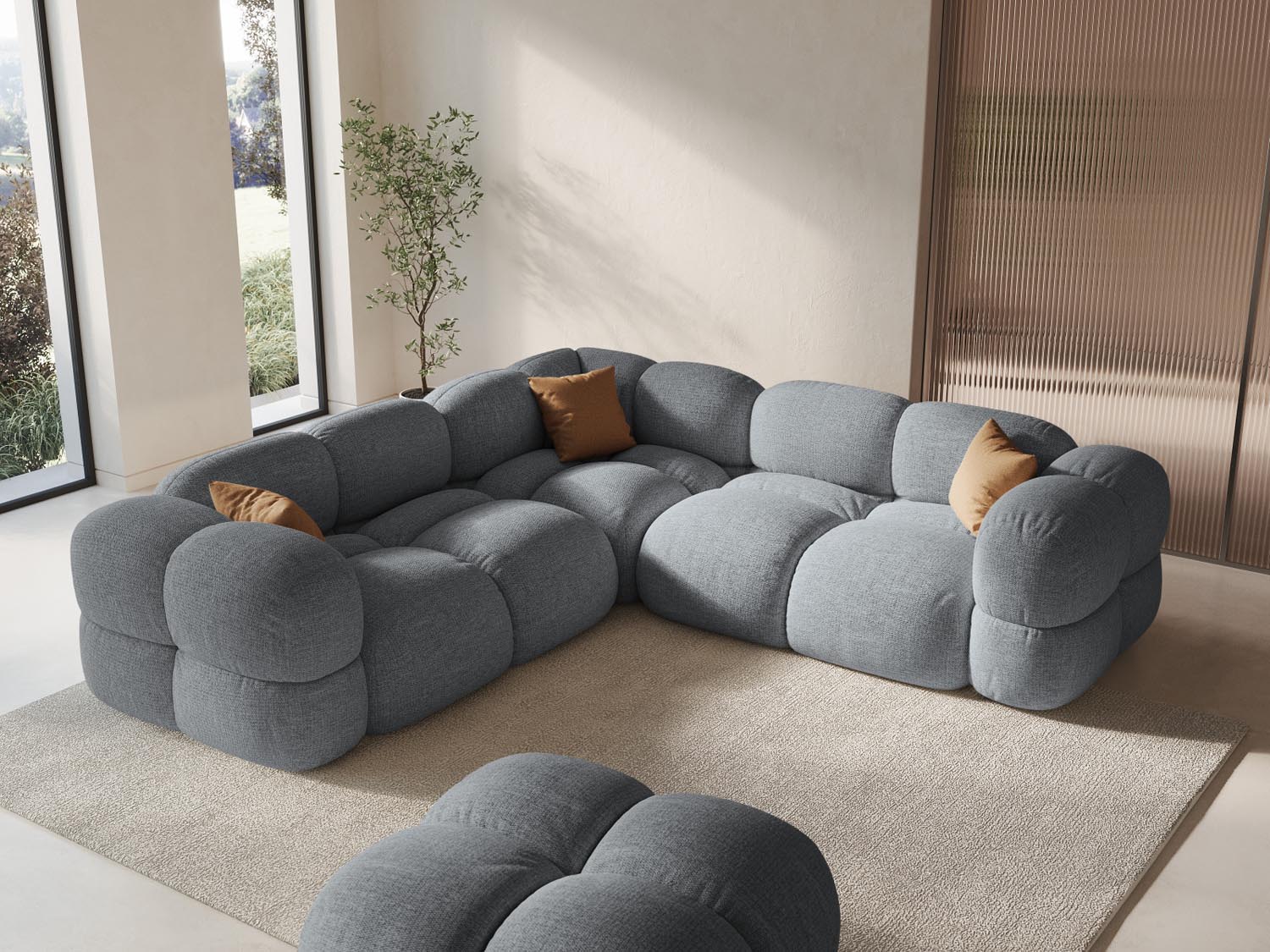 Elegantes Loretto Symmetrical Ecksofa in Grau, ideal für stilvolle Wohnräume. Komfortables 4-Sitzer-Design von Cosmopolitan Design.