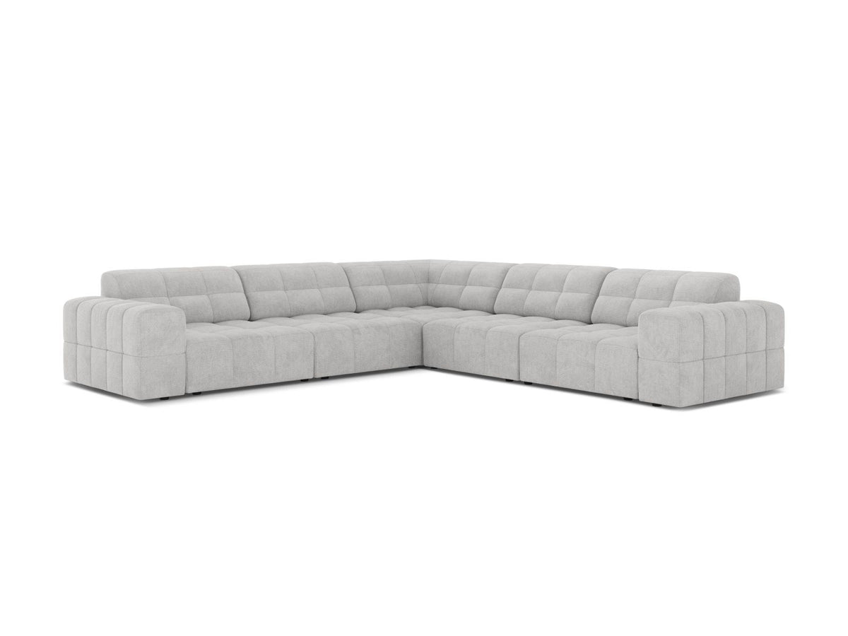 Ecksofa Chicago von Cosmopolitan Design in Light Beige-Eden mit Chenille-Stoff, Massivholzrahmen und schwarzen Kunststoffbeinen, 4-Sitzer-Form.