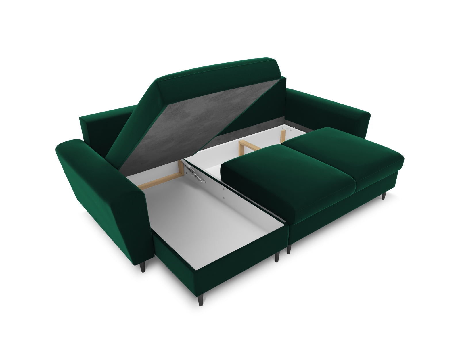 Elegantes Kyoto Ecksofa in sattem Flaschengrün, 4-Sitzer mit cleverer Schlaffunktion und integriertem Stauraum für zusätzlichen Komfort.