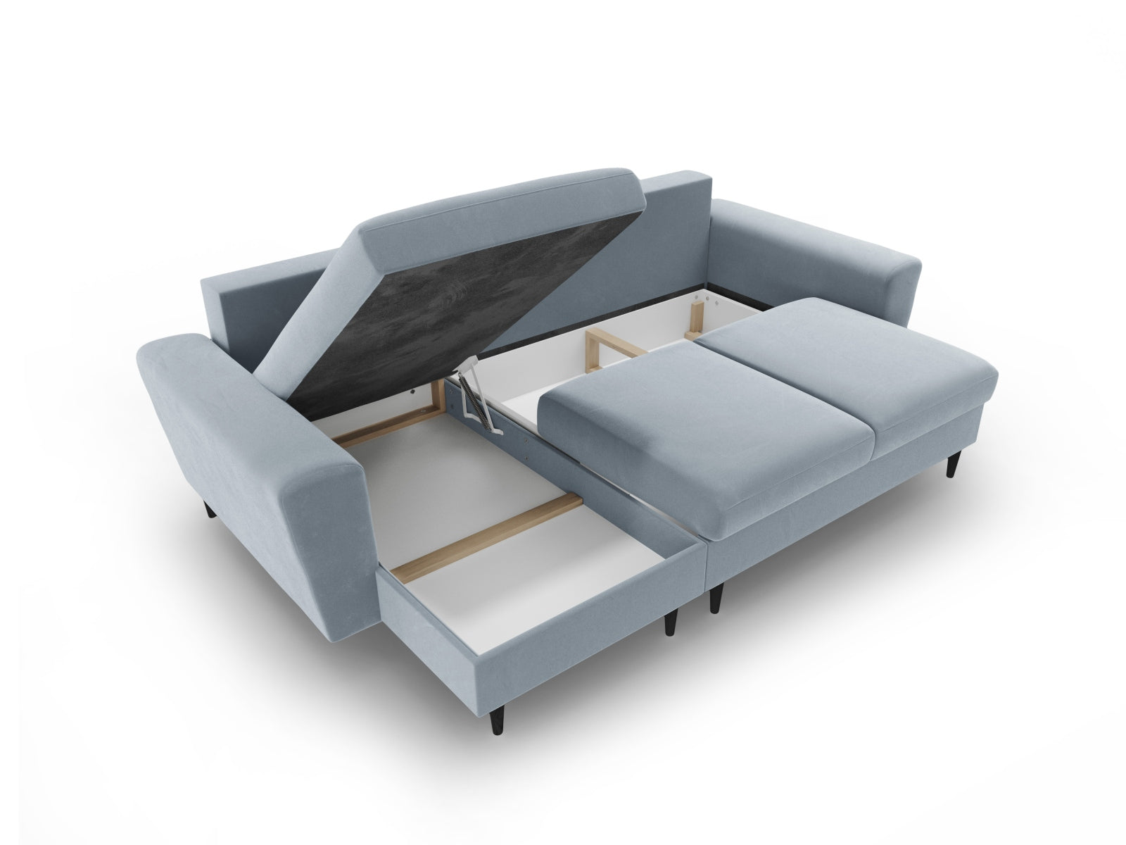 Stylisches Kyoto Ecksofa in sanftem Hellblau, 4-Sitzer mit praktischer Schlaffunktion und Stauraum, perfekt für entspannte Abende und Übernachtungen.