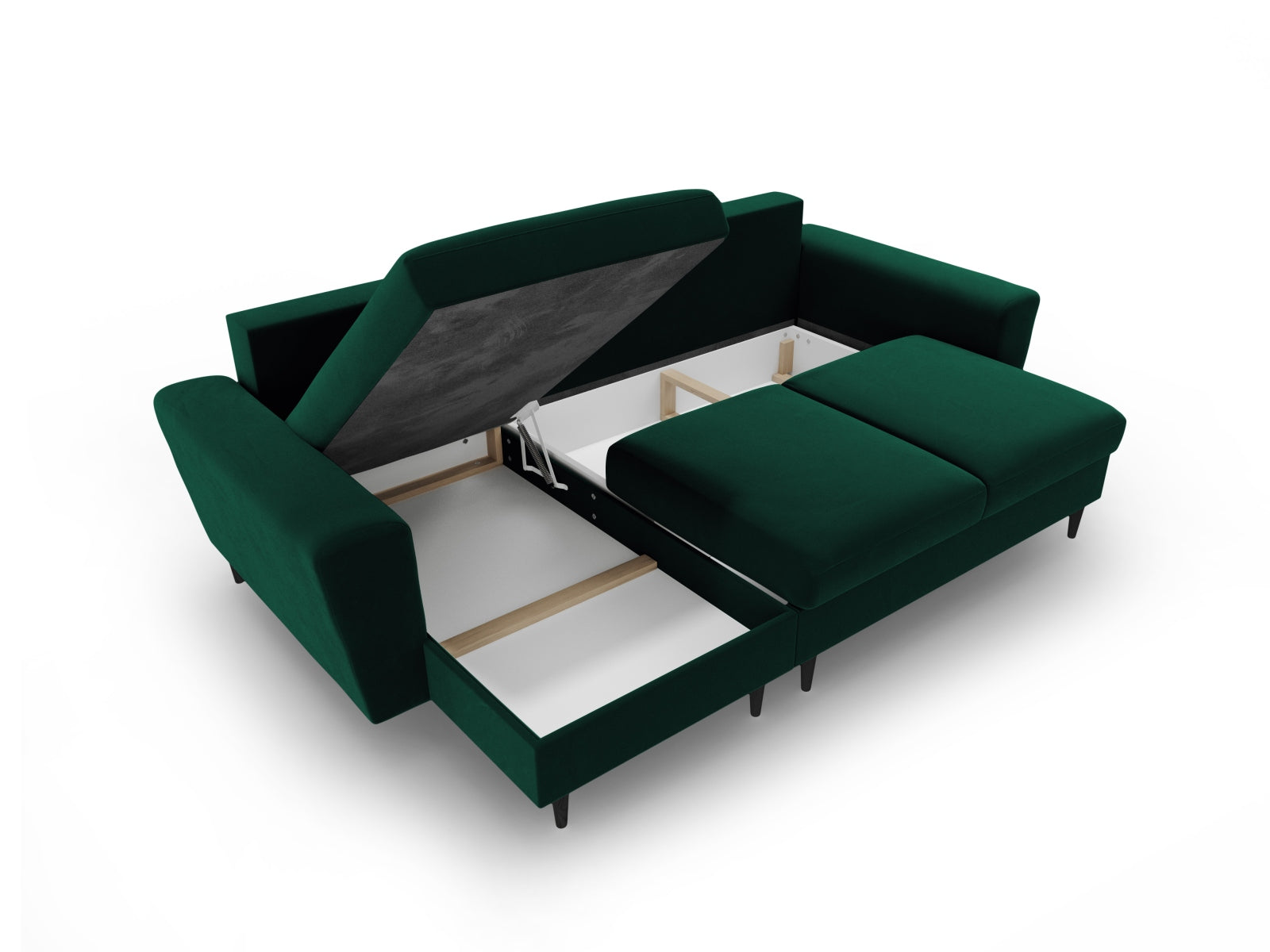 Modernes Kyoto Ecksofa in tiefem Grün, 4-Sitzer mit praktischer Schlaffunktion und Stauraum, ideal für gemütliche Wohnräume.