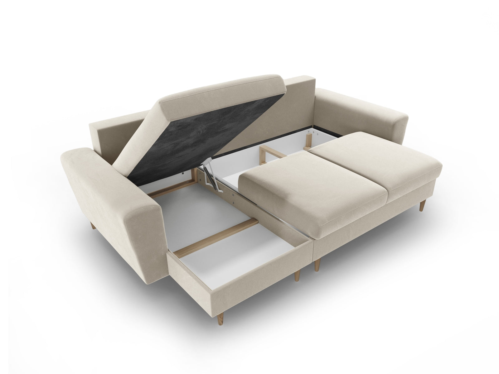 Stylisches Kyoto Ecksofa in elegantem Beige, 4-Sitzer mit praktischer Schlaffunktion und Stauraum, ideal für gemütliche Wohnräume.