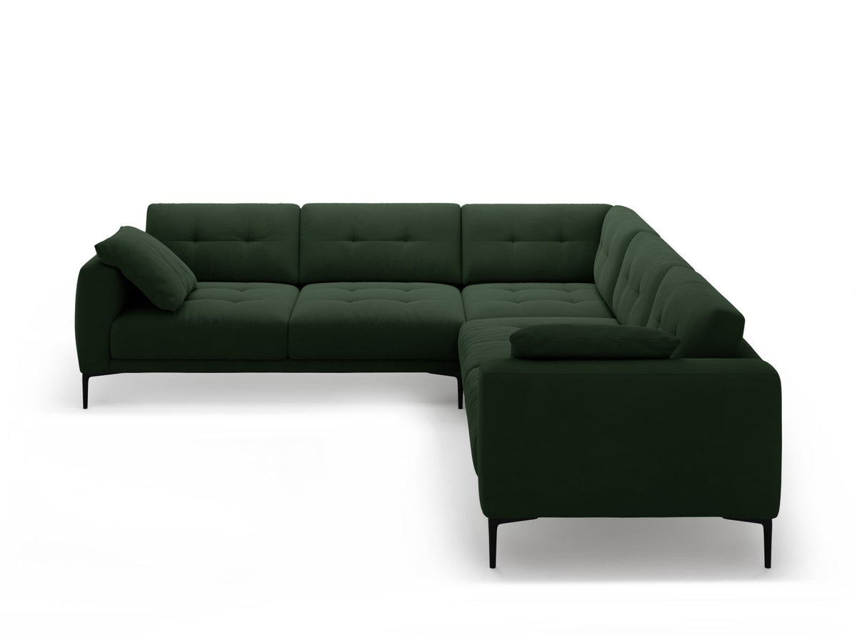 Symmetrisches Ecksofa Lazio in Samt-Velours, Royal Blue, mit schwarzen Metallbeinen, Massivholzrahmen und grosszügiger Sitzfläche.
