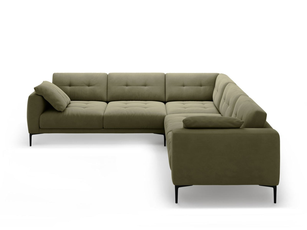 Symmetrisches Ecksofa Lazio in Samt-Velours, Royal Blue, mit schwarzen Metallbeinen, Massivholzrahmen und grosszügiger Sitzfläche.