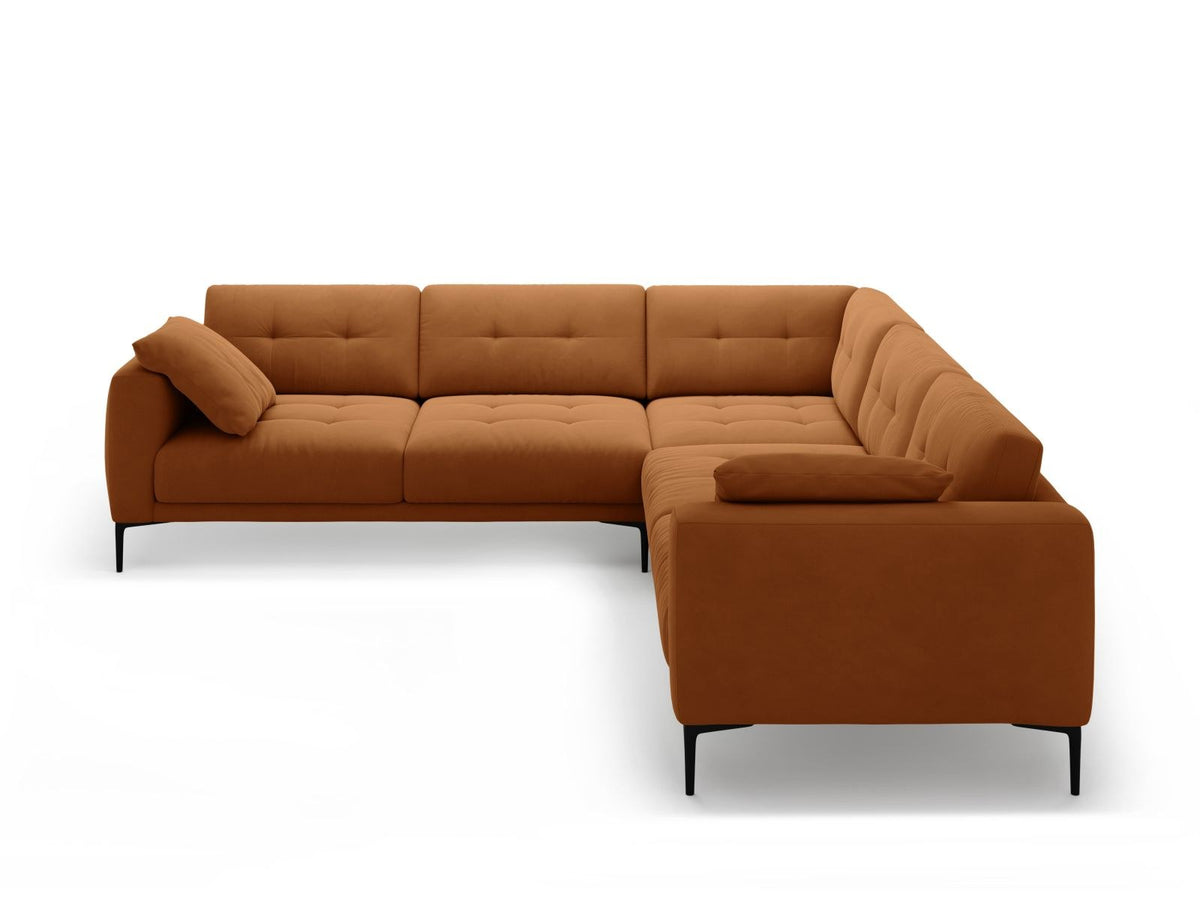 Symmetrisches Ecksofa Lazio in Samt-Velours, Royal Blue, mit schwarzen Metallbeinen, Massivholzrahmen und grosszügiger Sitzfläche.