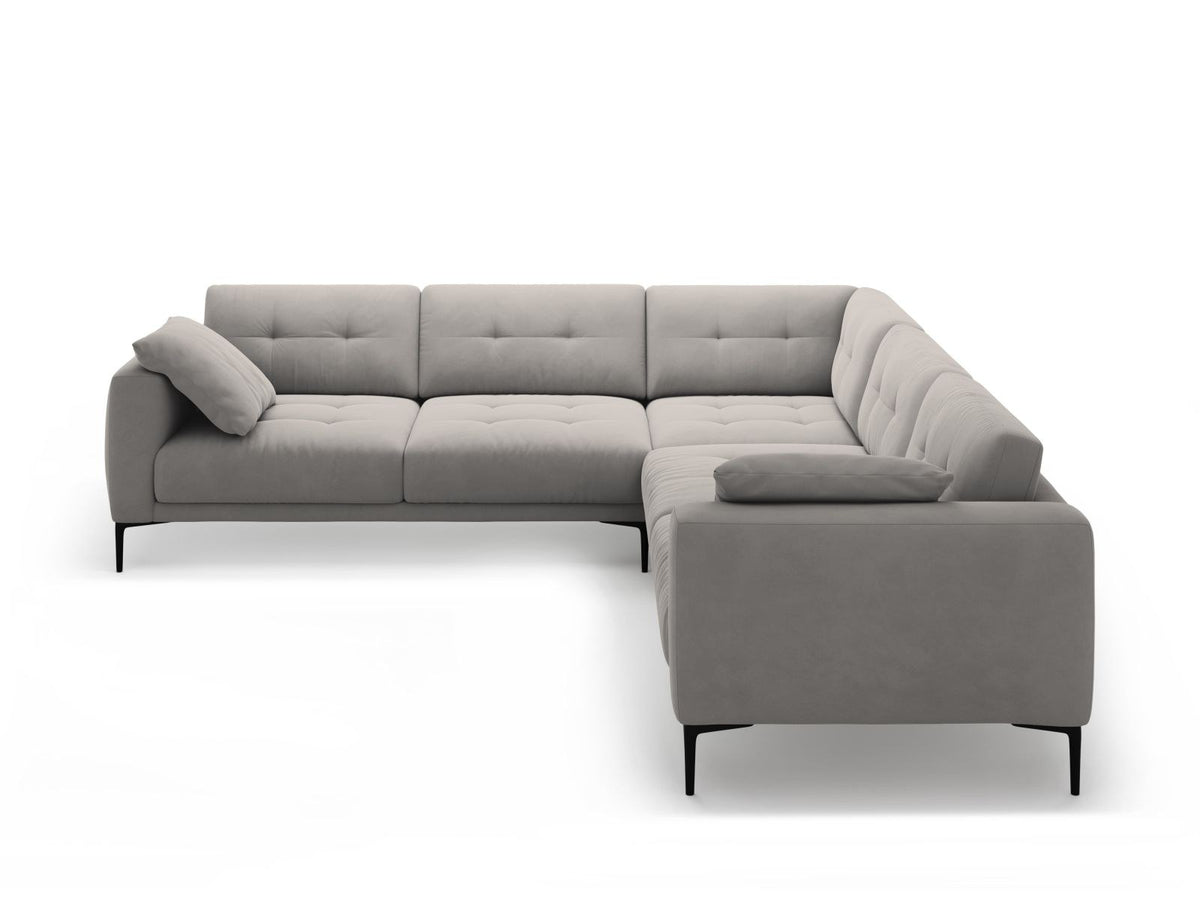 Symmetrisches Ecksofa Lazio in Samt-Velours, Royal Blue, mit schwarzen Metallbeinen, Massivholzrahmen und grosszügiger Sitzfläche.
