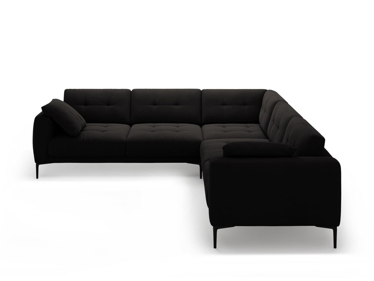 Symmetrisches Ecksofa Lazio in Samt-Velours, Royal Blue, mit schwarzen Metallbeinen, Massivholzrahmen und grosszügiger Sitzfläche.
